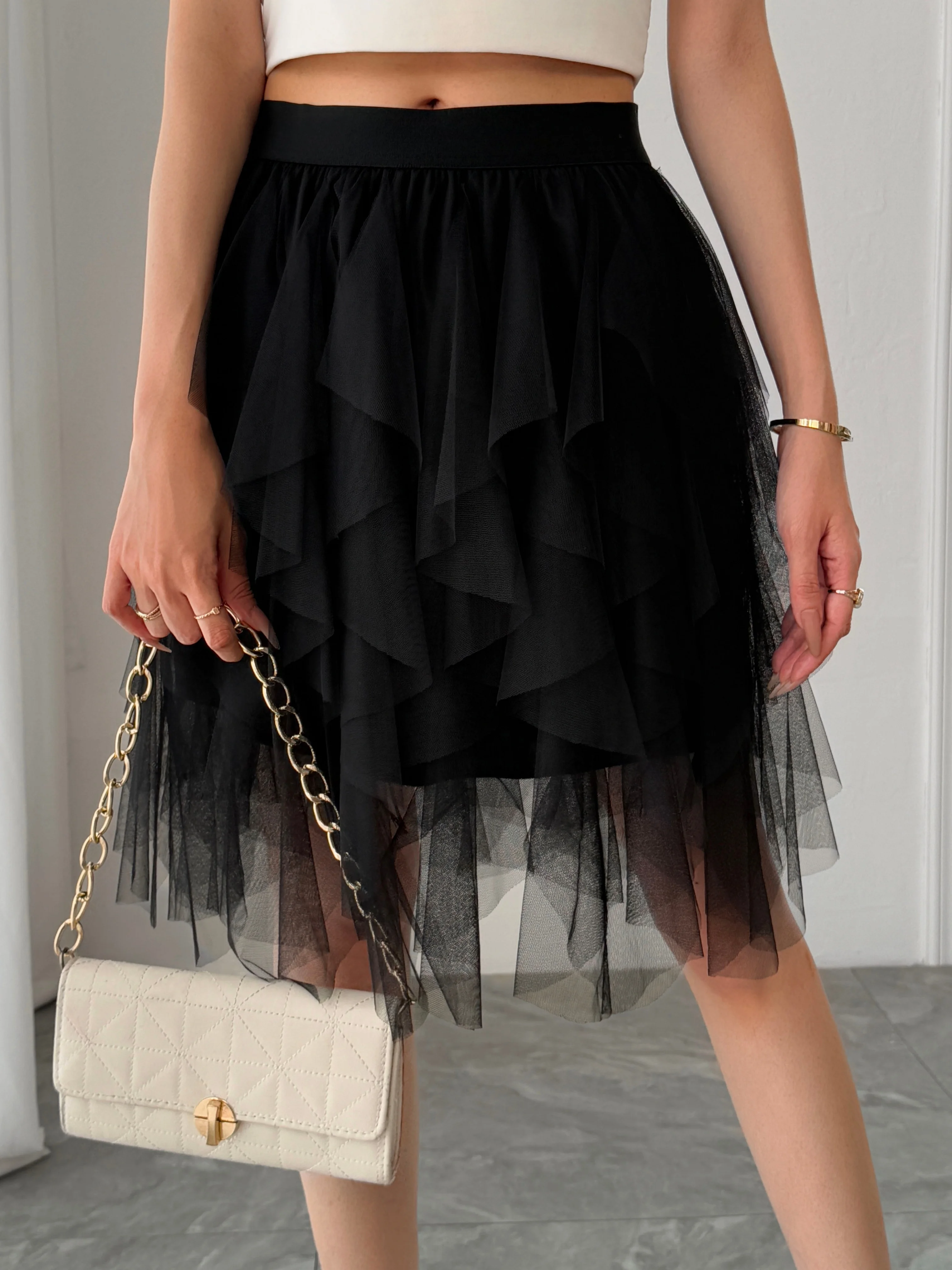 Summer style women's chiffon mid length skirt with irregular layered ruffle edge cake skirt, elegant and fairy like A-line skirt