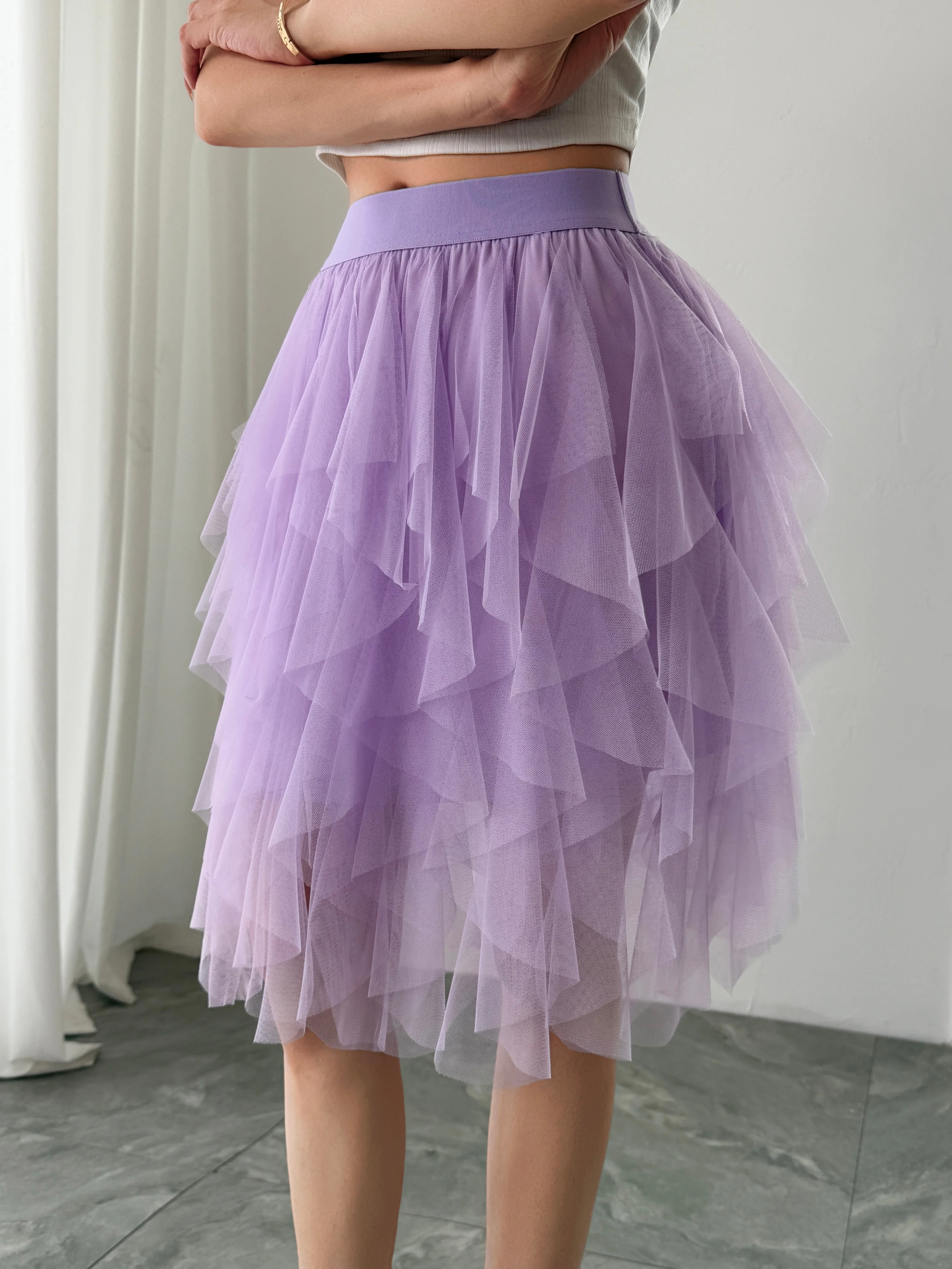 Summer style women's chiffon mid length skirt with irregular layered ruffle edge cake skirt, elegant and fairy like A-line skirt