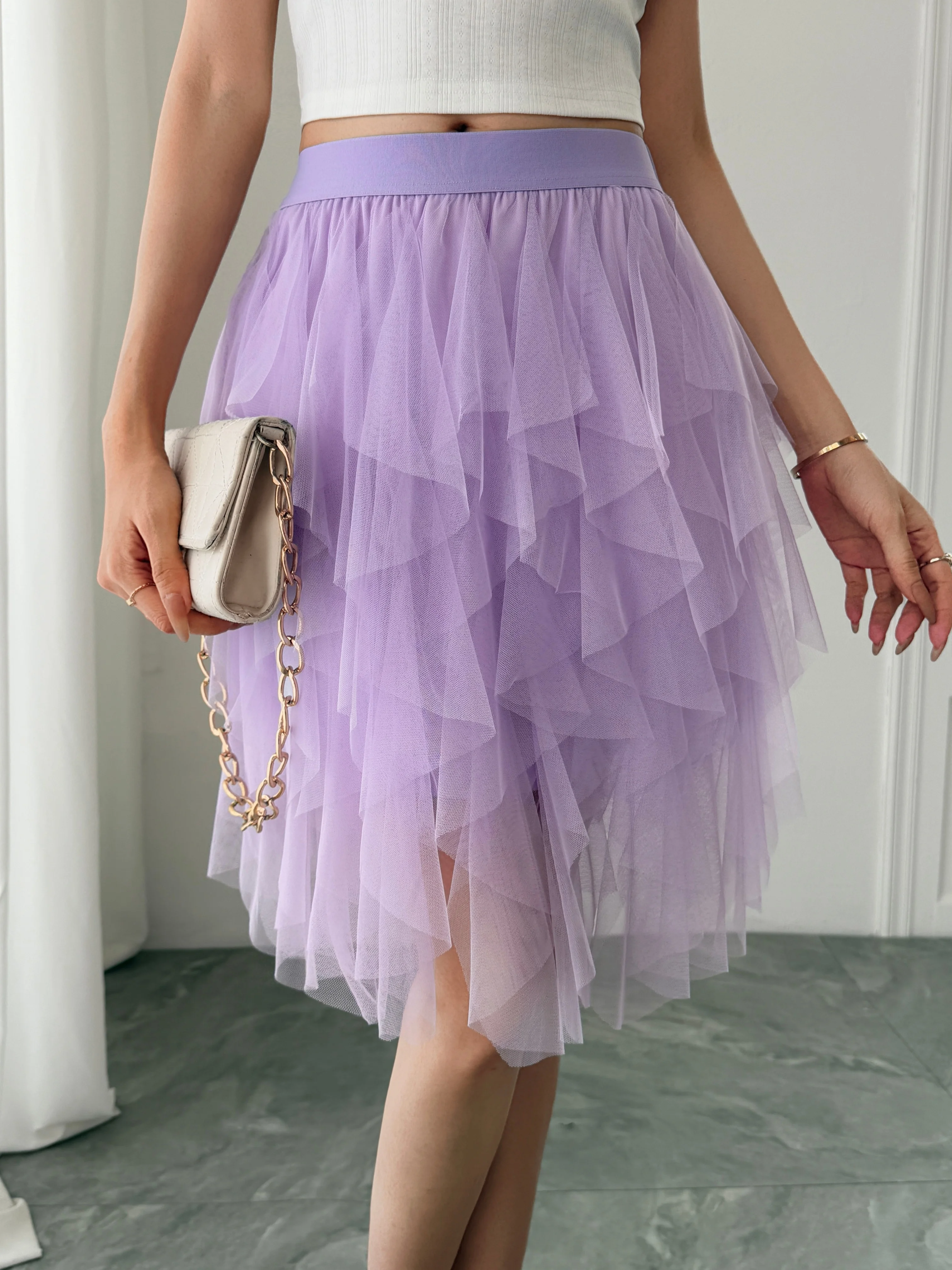Summer style women's chiffon mid length skirt with irregular layered ruffle edge cake skirt, elegant and fairy like A-line skirt