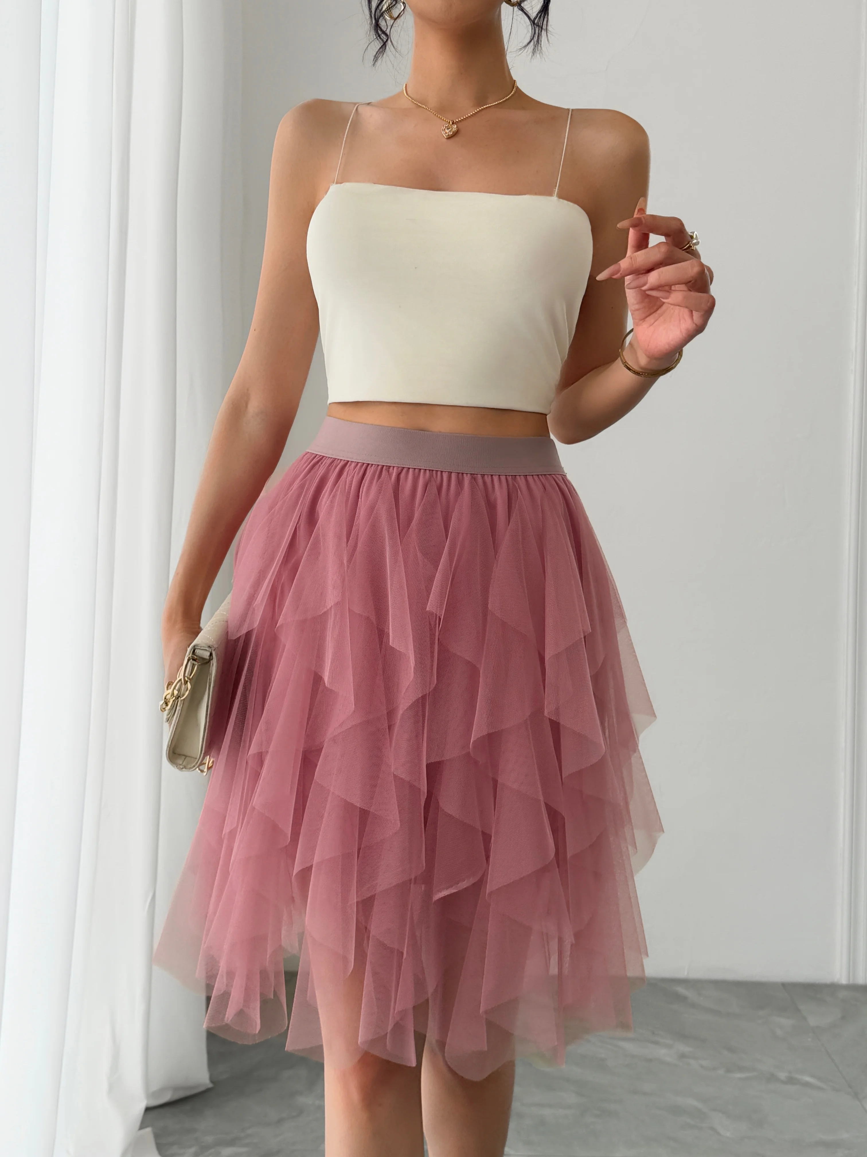 Summer style women's chiffon mid length skirt with irregular layered ruffle edge cake skirt, elegant and fairy like A-line skirt