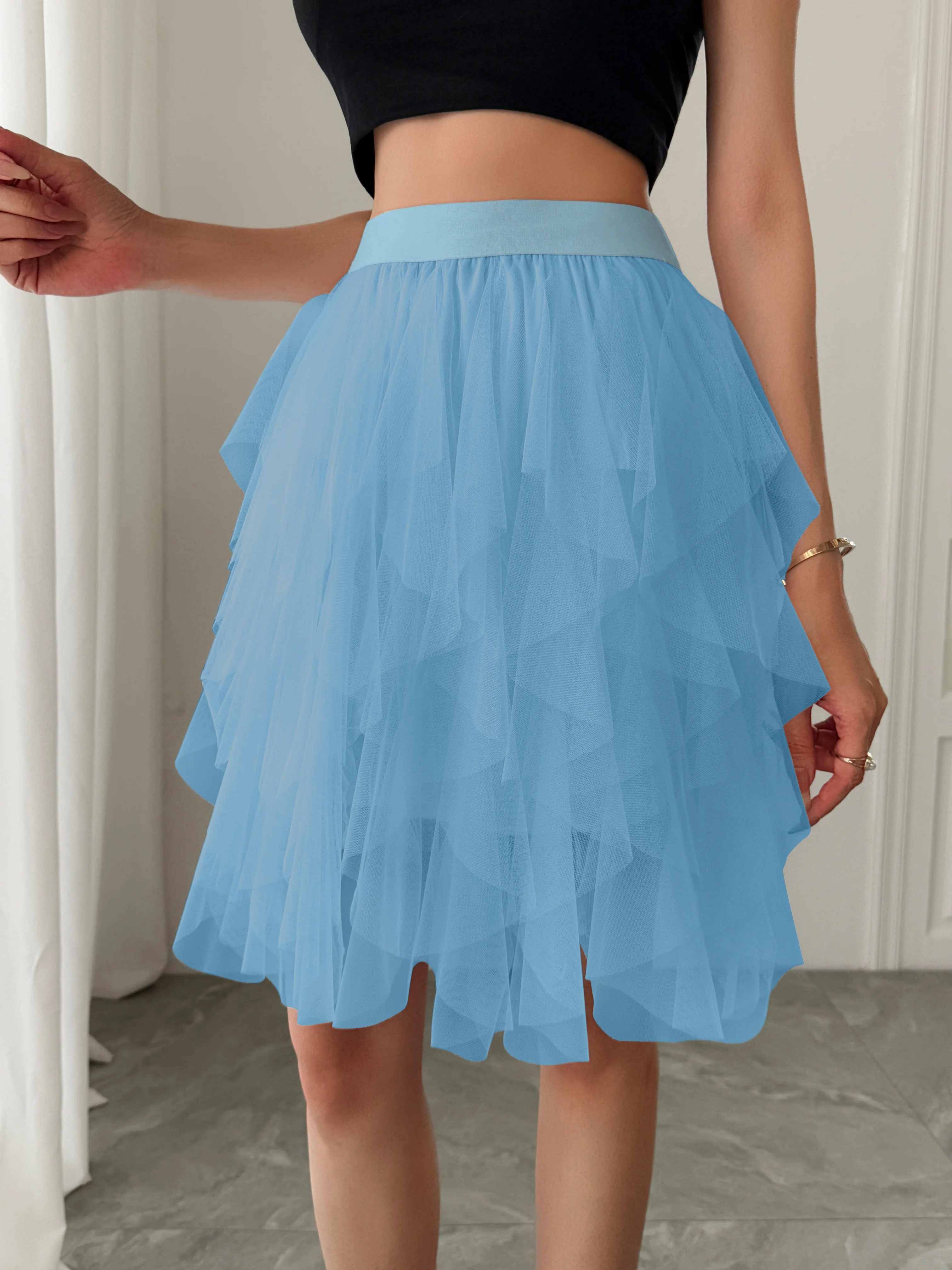Summer style women's chiffon mid length skirt with irregular layered ruffle edge cake skirt, elegant and fairy like A-line skirt