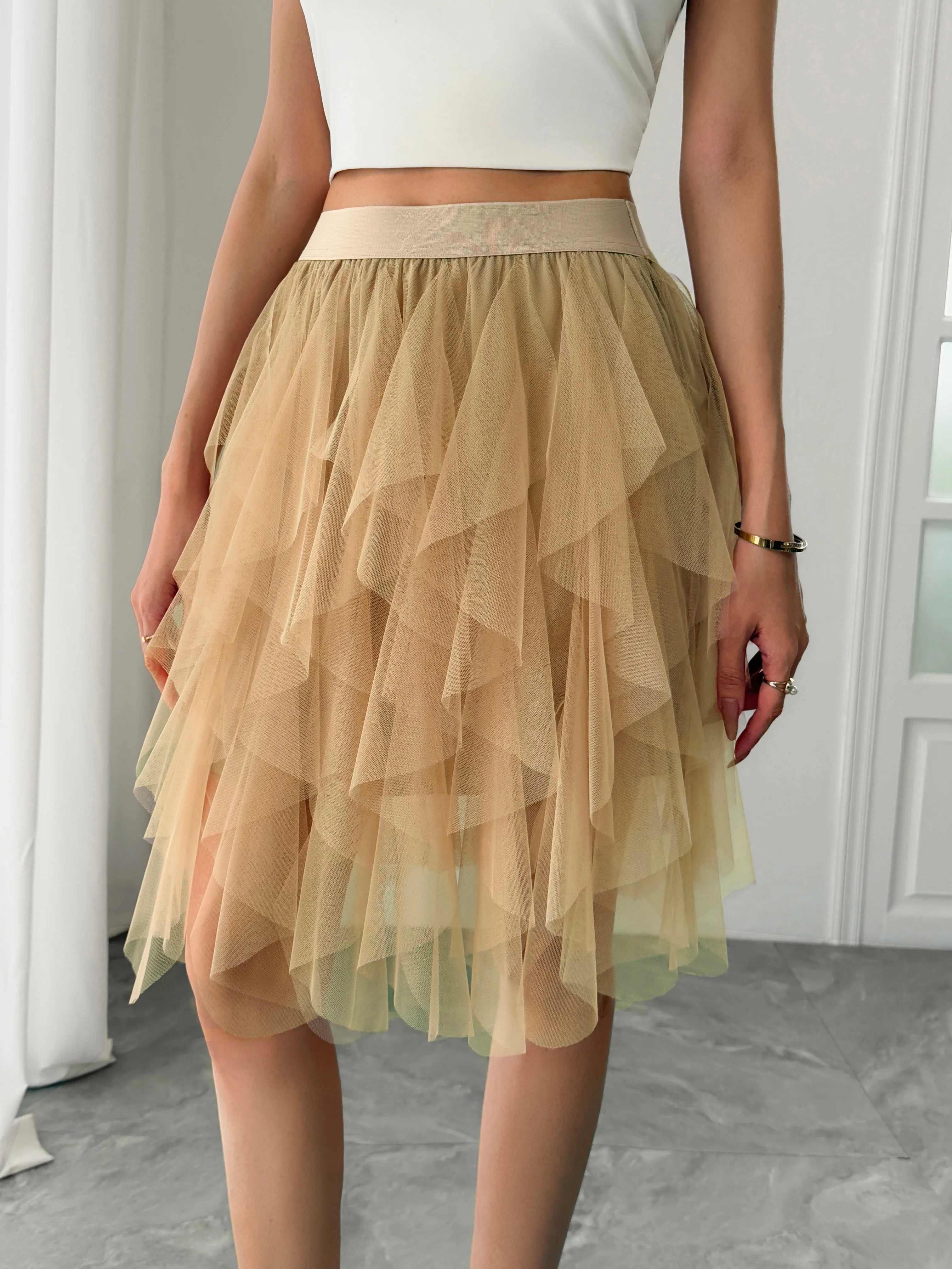 Summer style women's chiffon mid length skirt with irregular layered ruffle edge cake skirt, elegant and fairy like A-line skirt