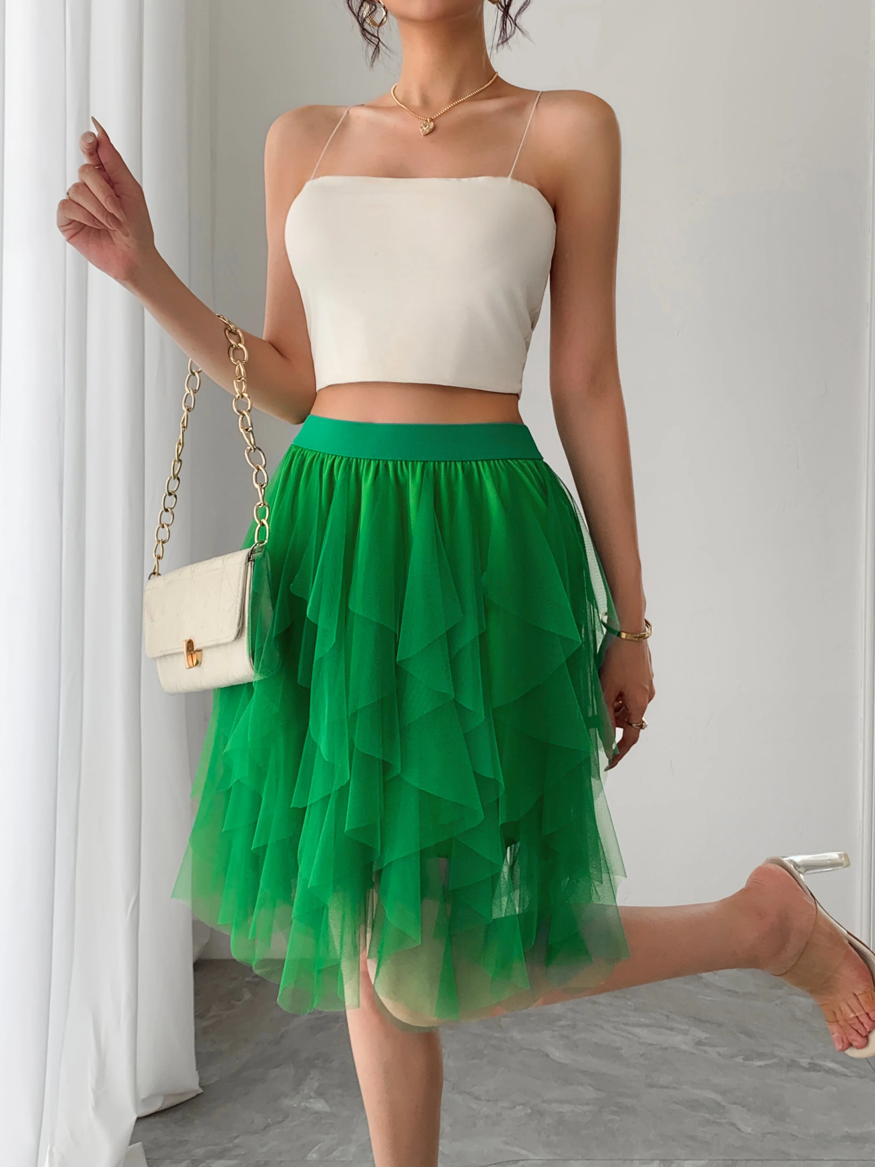 Summer style women's chiffon mid length skirt with irregular layered ruffle edge cake skirt, elegant and fairy like A-line skirt