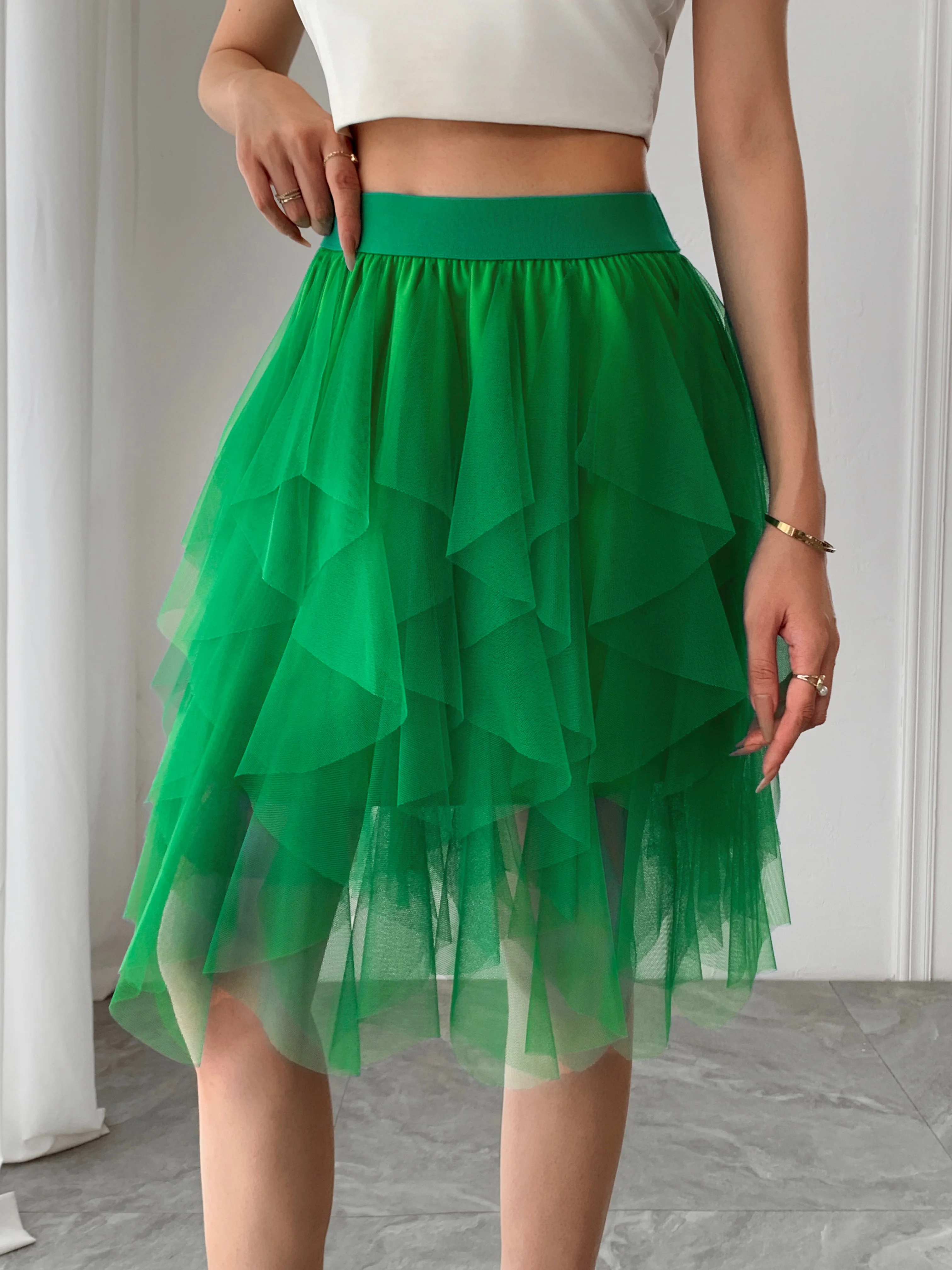 Summer style women's chiffon mid length skirt with irregular layered ruffle edge cake skirt, elegant and fairy like A-line skirt