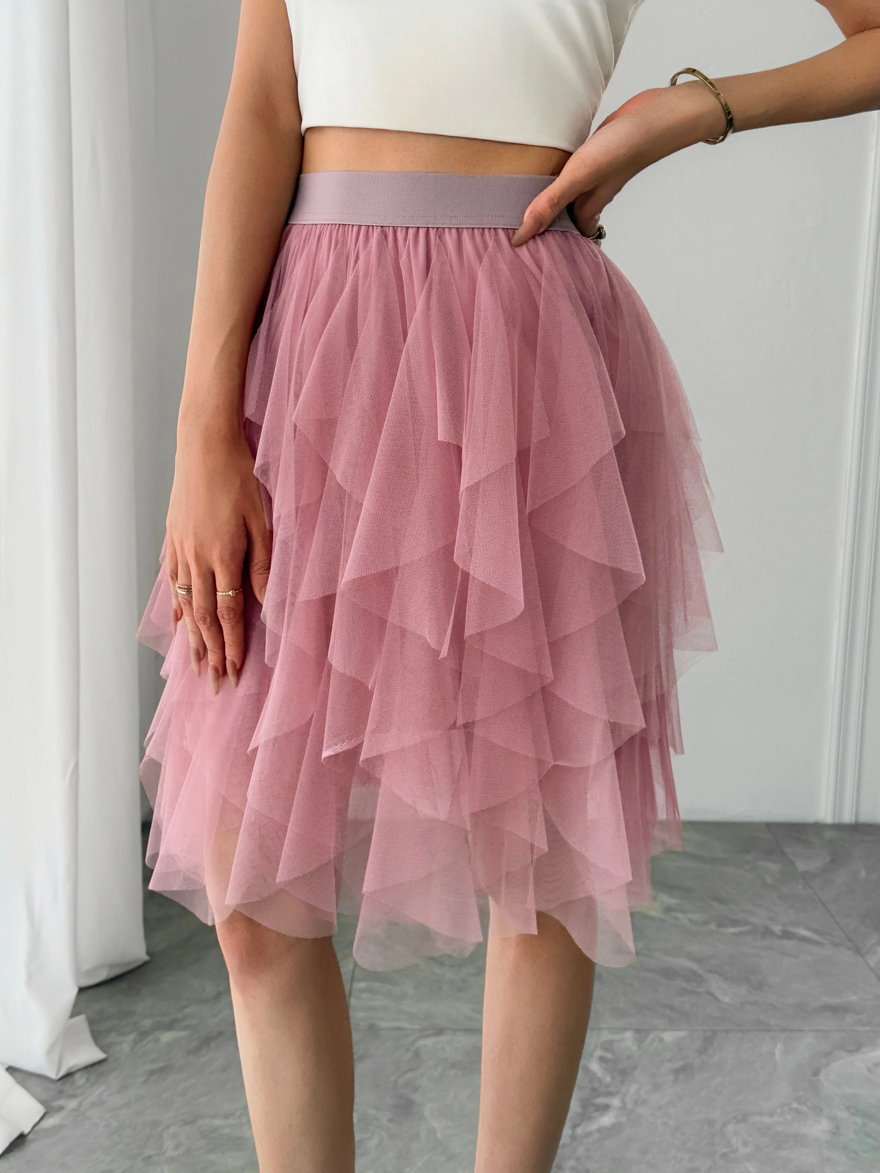 Summer style women's chiffon mid length skirt with irregular layered ruffle edge cake skirt, elegant and fairy like A-line skirt