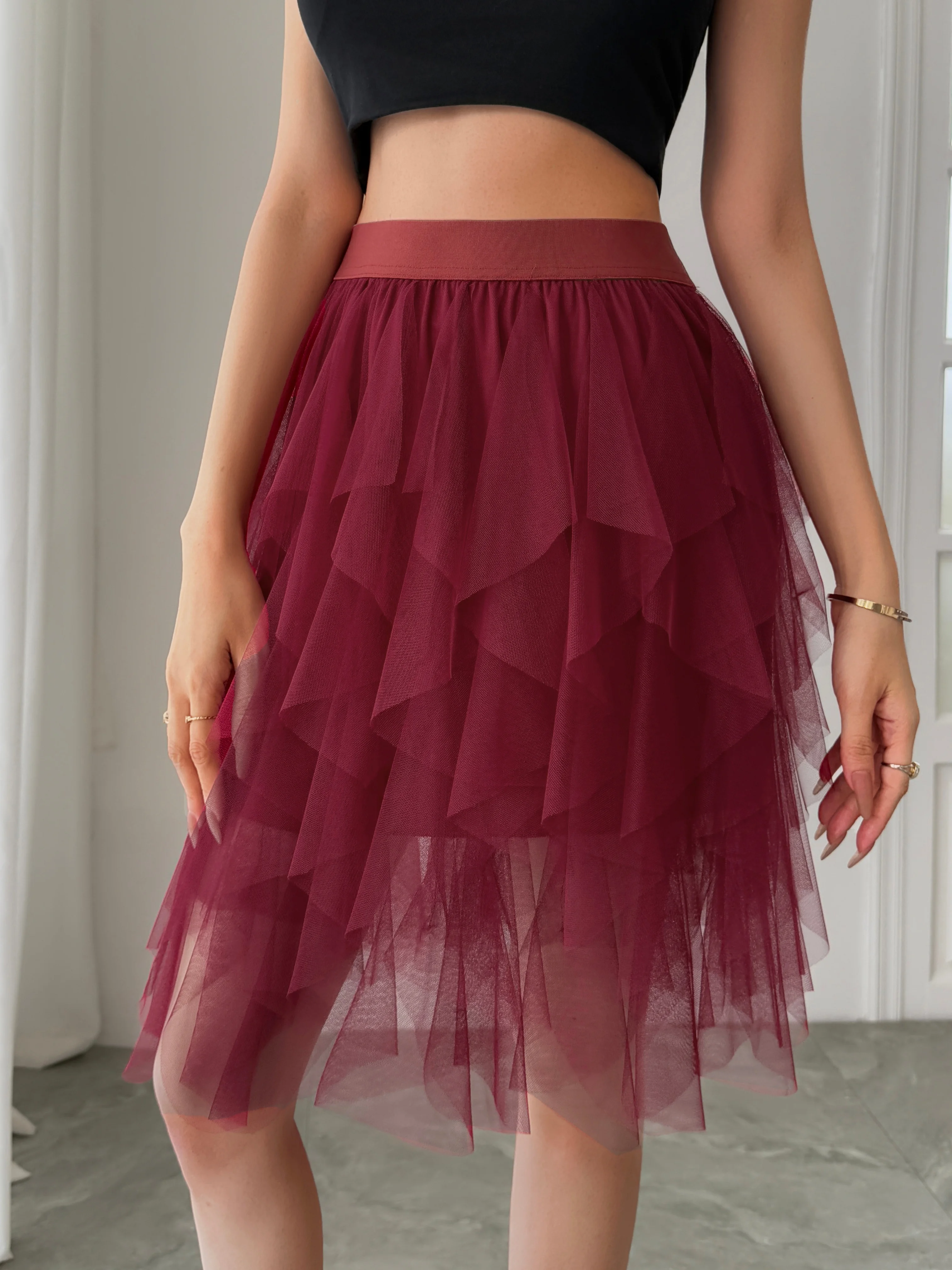 Summer style women's chiffon mid length skirt with irregular layered ruffle edge cake skirt, elegant and fairy like A-line skirt
