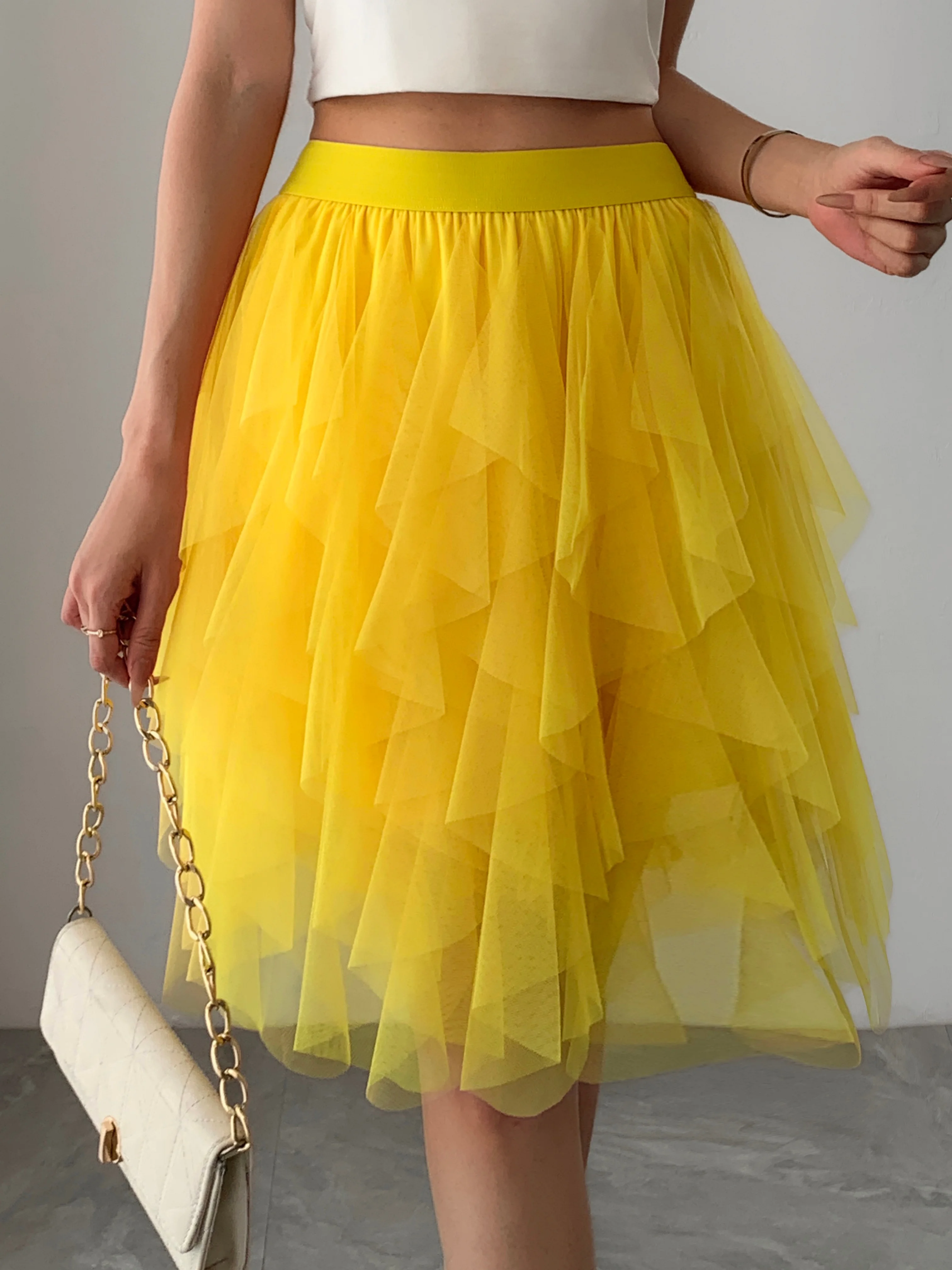 Summer style women's chiffon mid length skirt with irregular layered ruffle edge cake skirt, elegant and fairy like A-line skirt