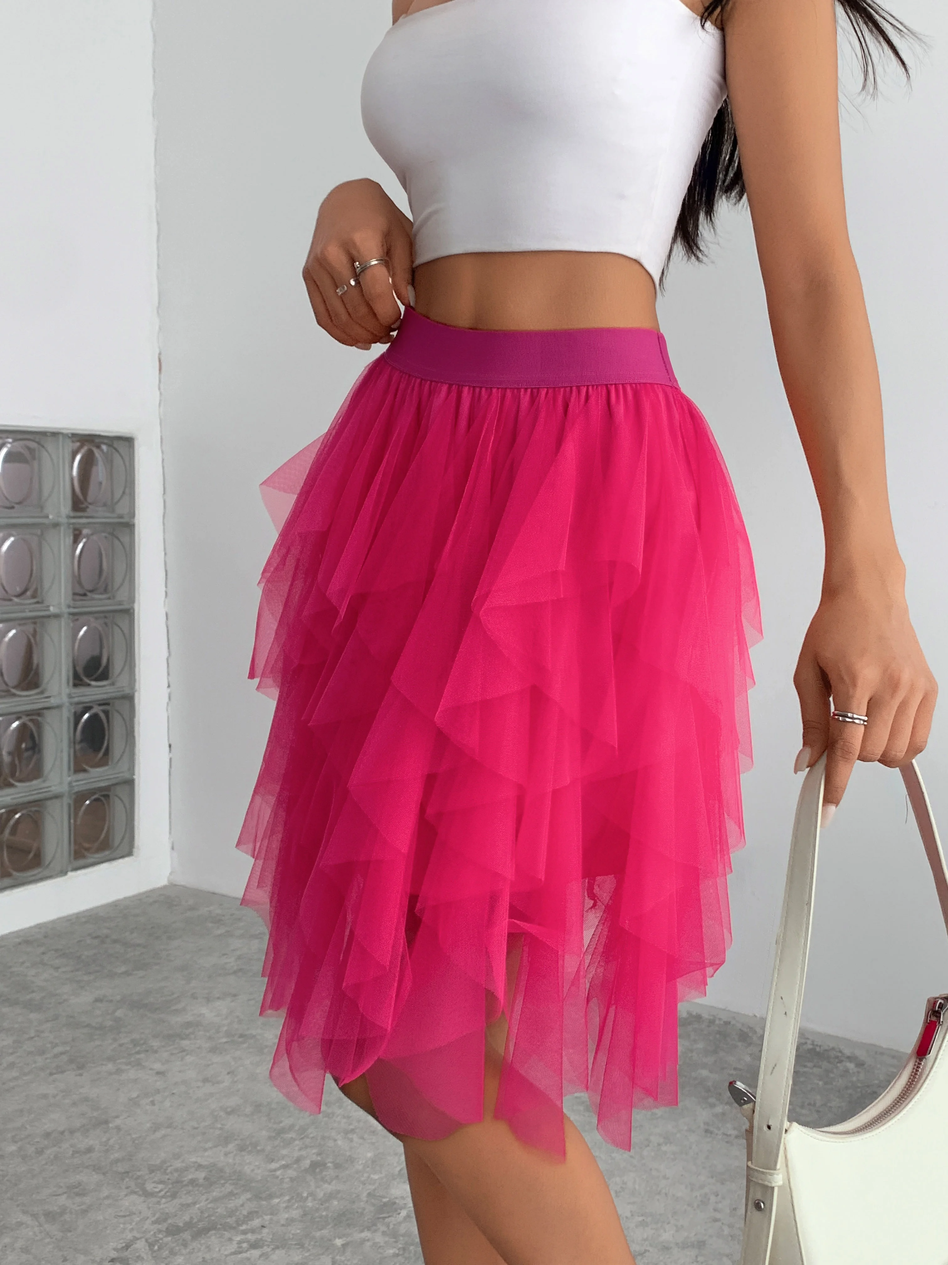 Summer style women's chiffon mid length skirt with irregular layered ruffle edge cake skirt, elegant and fairy like A-line skirt
