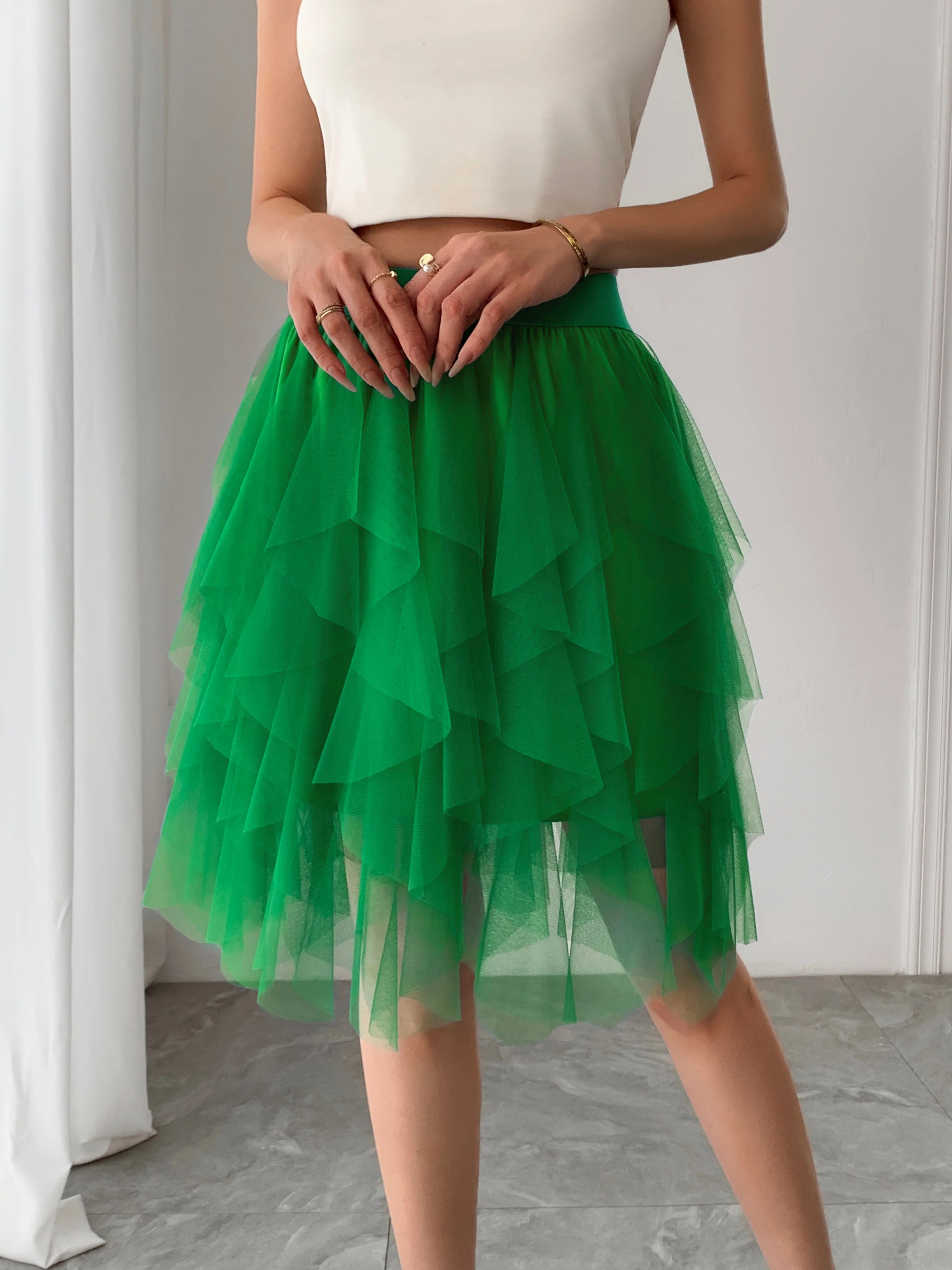 Summer style women's chiffon mid length skirt with irregular layered ruffle edge cake skirt, elegant and fairy like A-line skirt