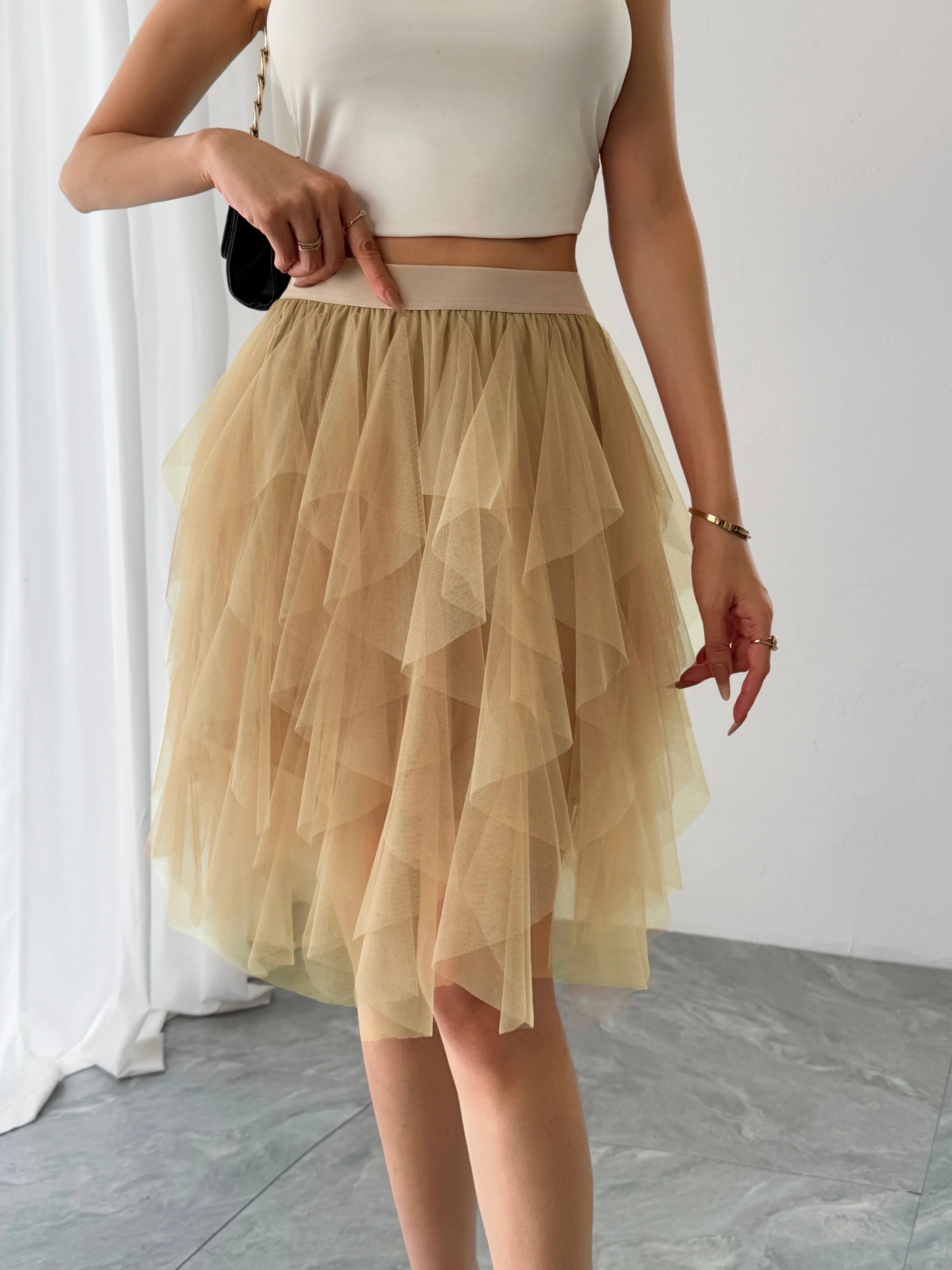 Summer style women's chiffon mid length skirt with irregular layered ruffle edge cake skirt, elegant and fairy like A-line skirt