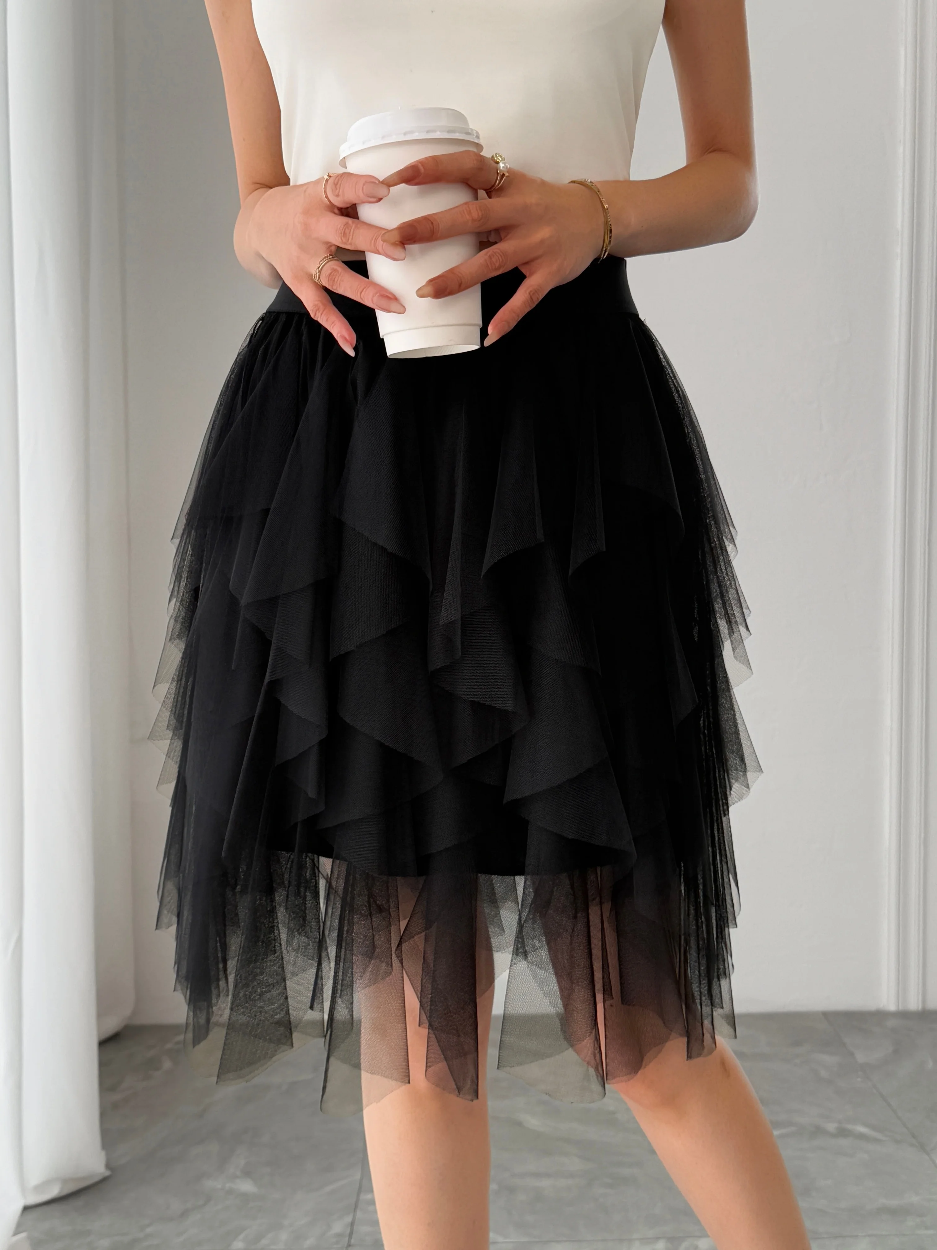 Summer style women's chiffon mid length skirt with irregular layered ruffle edge cake skirt, elegant and fairy like A-line skirt