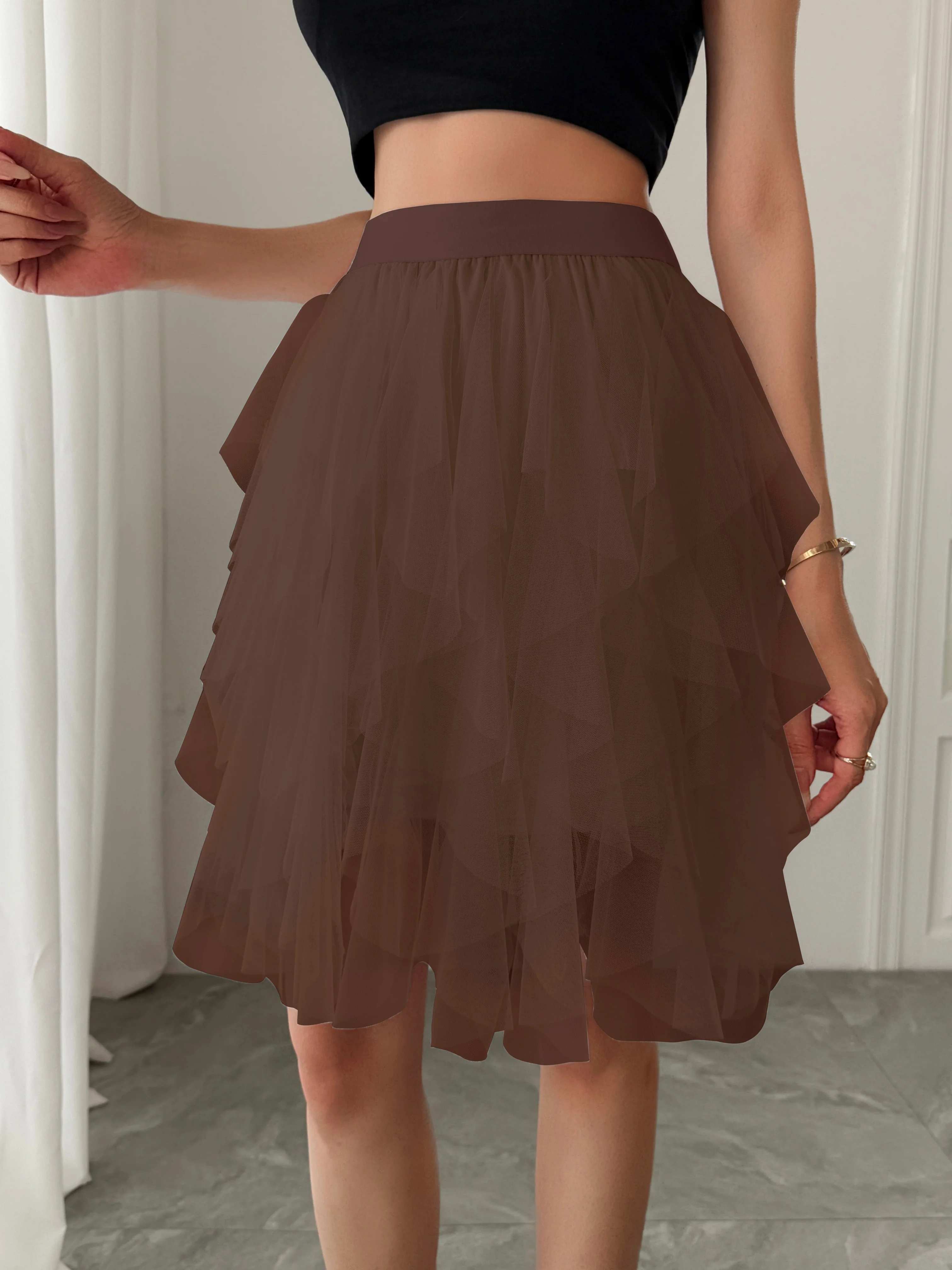 Summer style women's chiffon mid length skirt with irregular layered ruffle edge cake skirt, elegant and fairy like A-line skirt