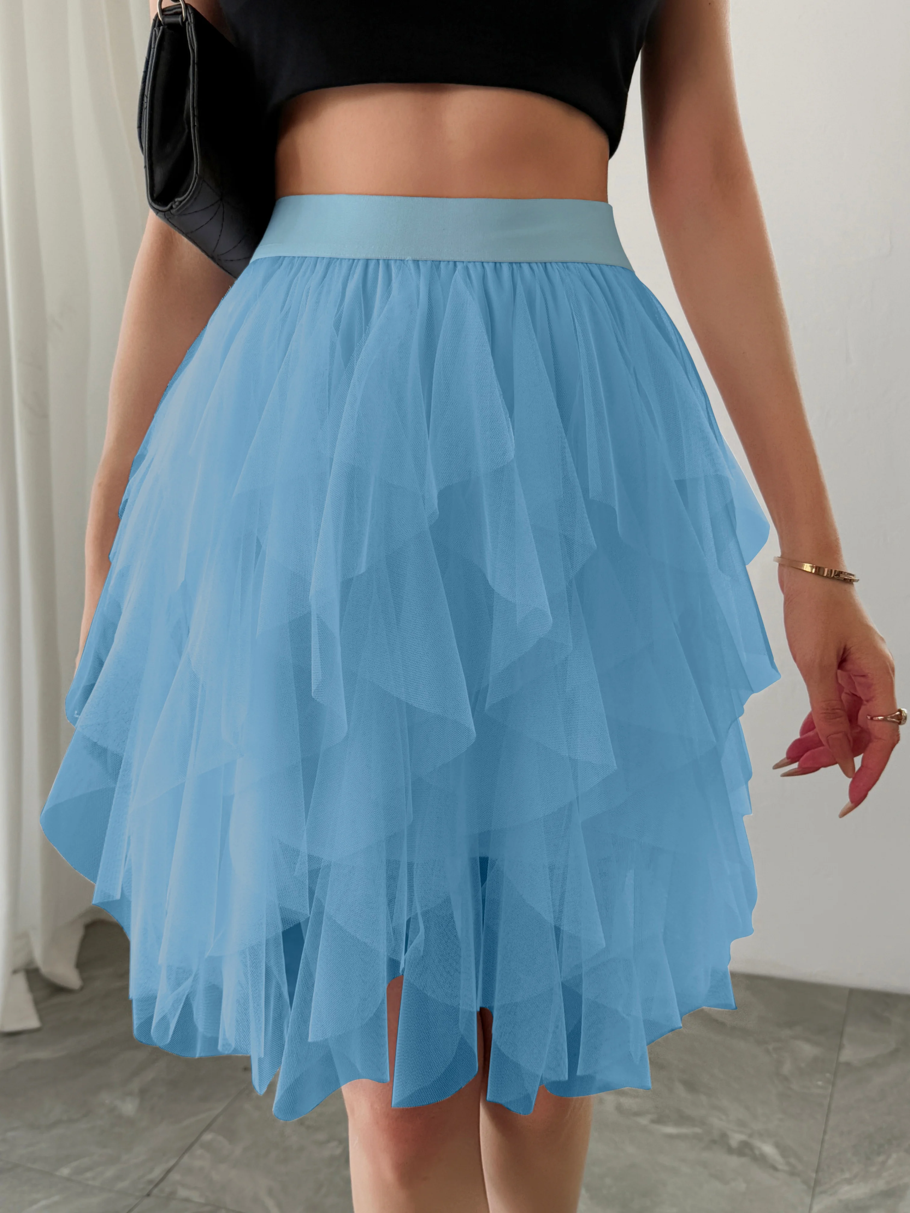 Summer style women's chiffon mid length skirt with irregular layered ruffle edge cake skirt, elegant and fairy like A-line skirt