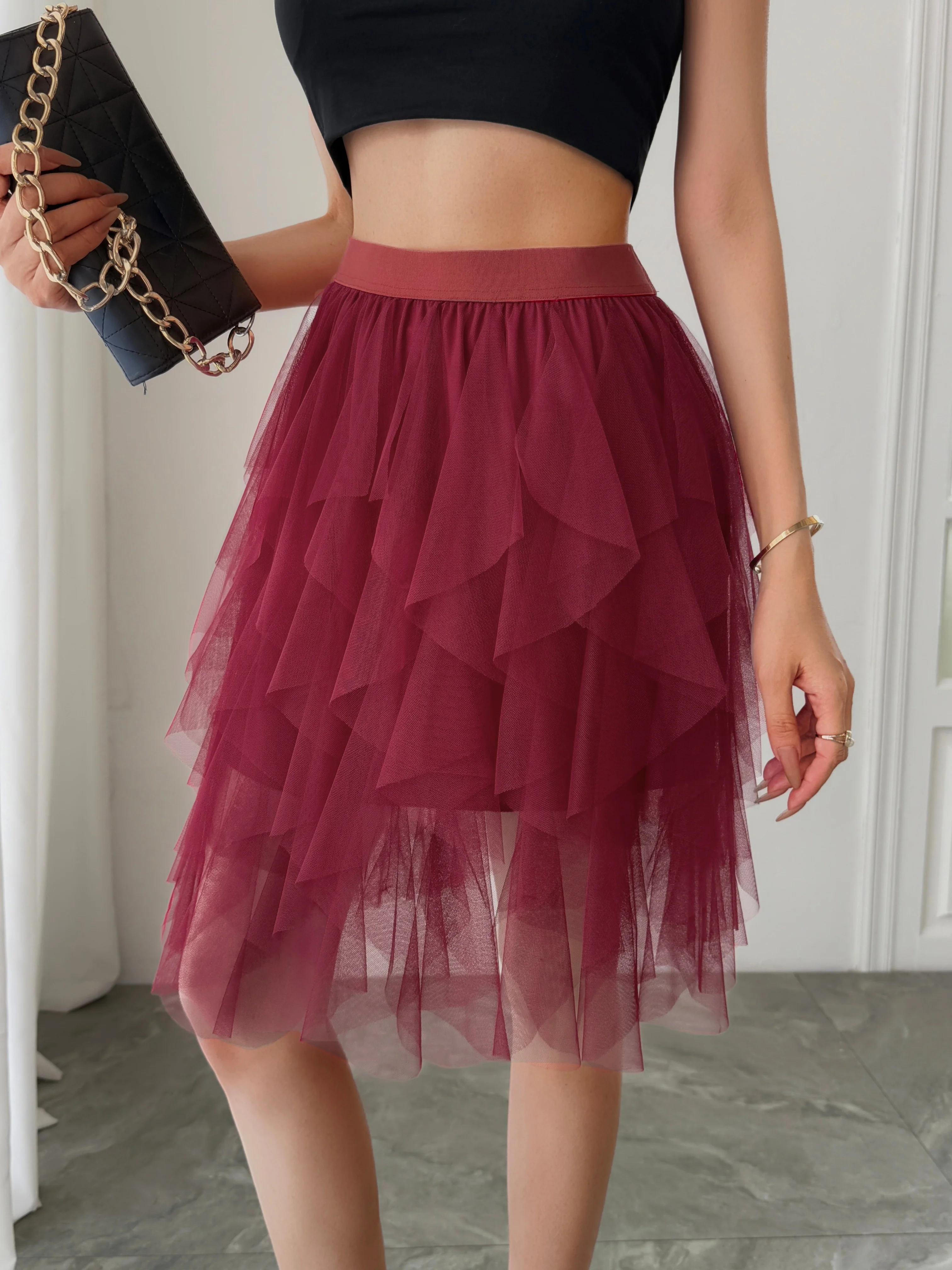 Summer style women's chiffon mid length skirt with irregular layered ruffle edge cake skirt, elegant and fairy like A-line skirt