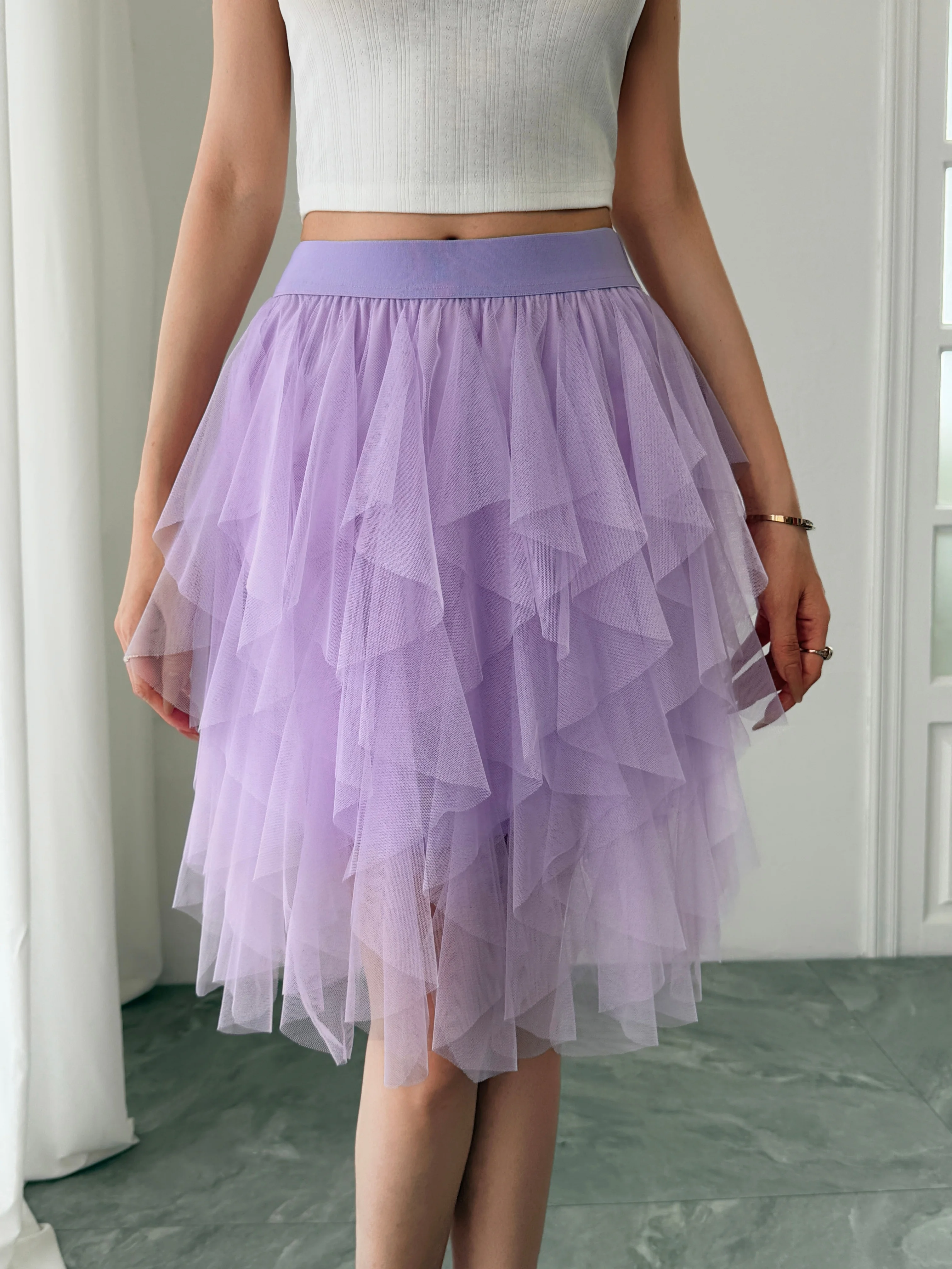 Summer style women's chiffon mid length skirt with irregular layered ruffle edge cake skirt, elegant and fairy like A-line skirt