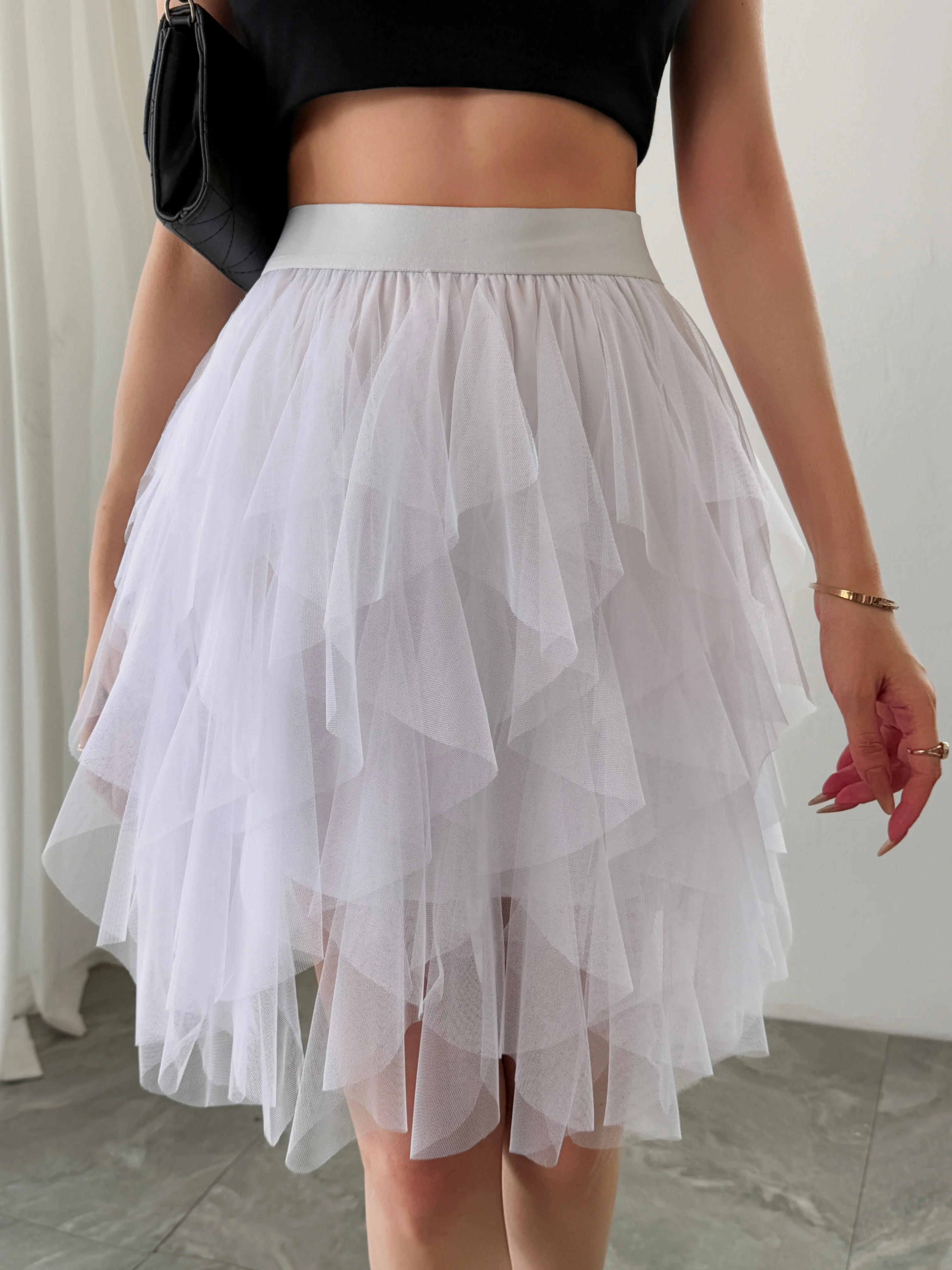 Summer style women's chiffon mid length skirt with irregular layered ruffle edge cake skirt, elegant and fairy like A-line skirt