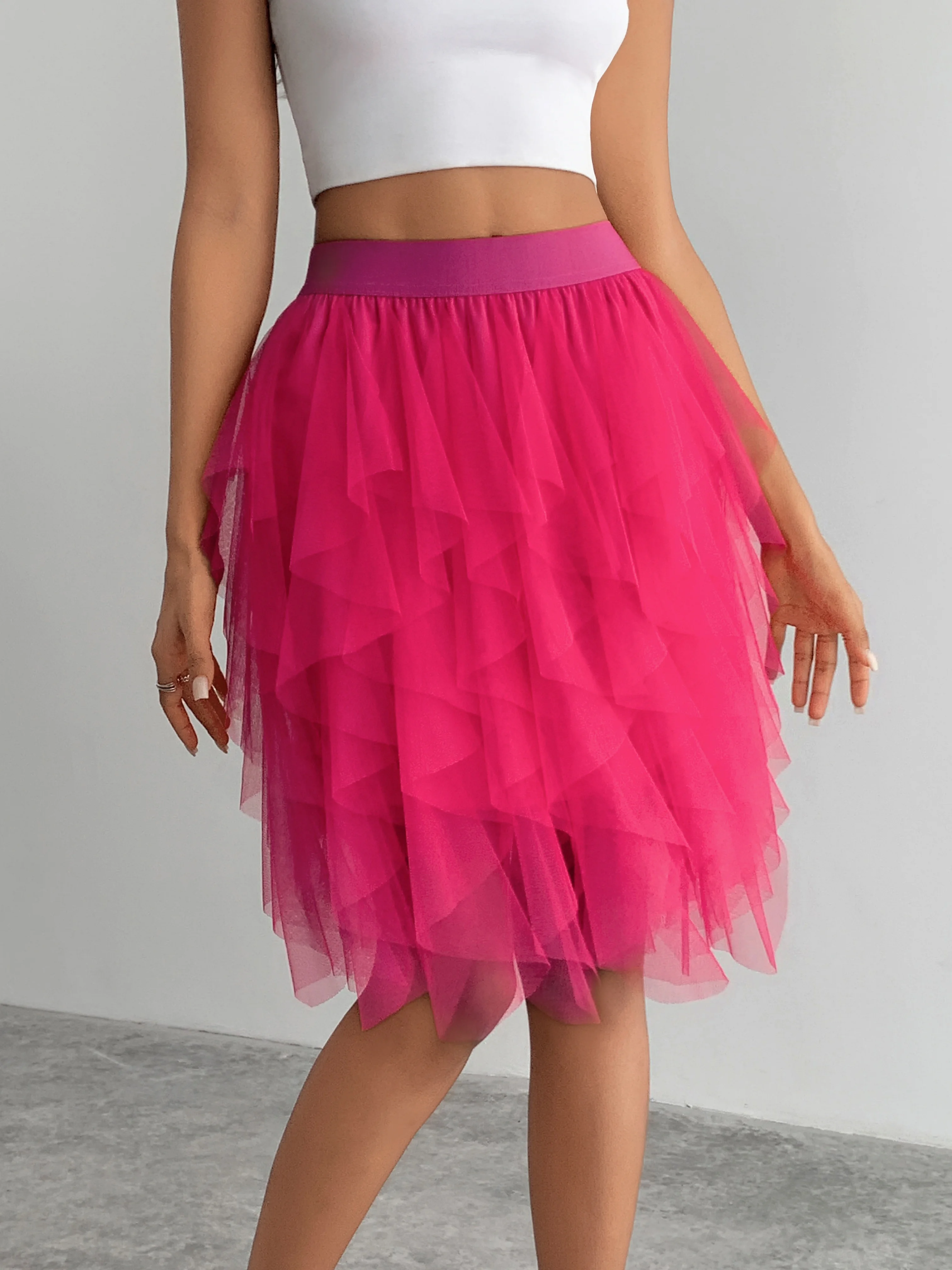 Summer style women's chiffon mid length skirt with irregular layered ruffle edge cake skirt, elegant and fairy like A-line skirt