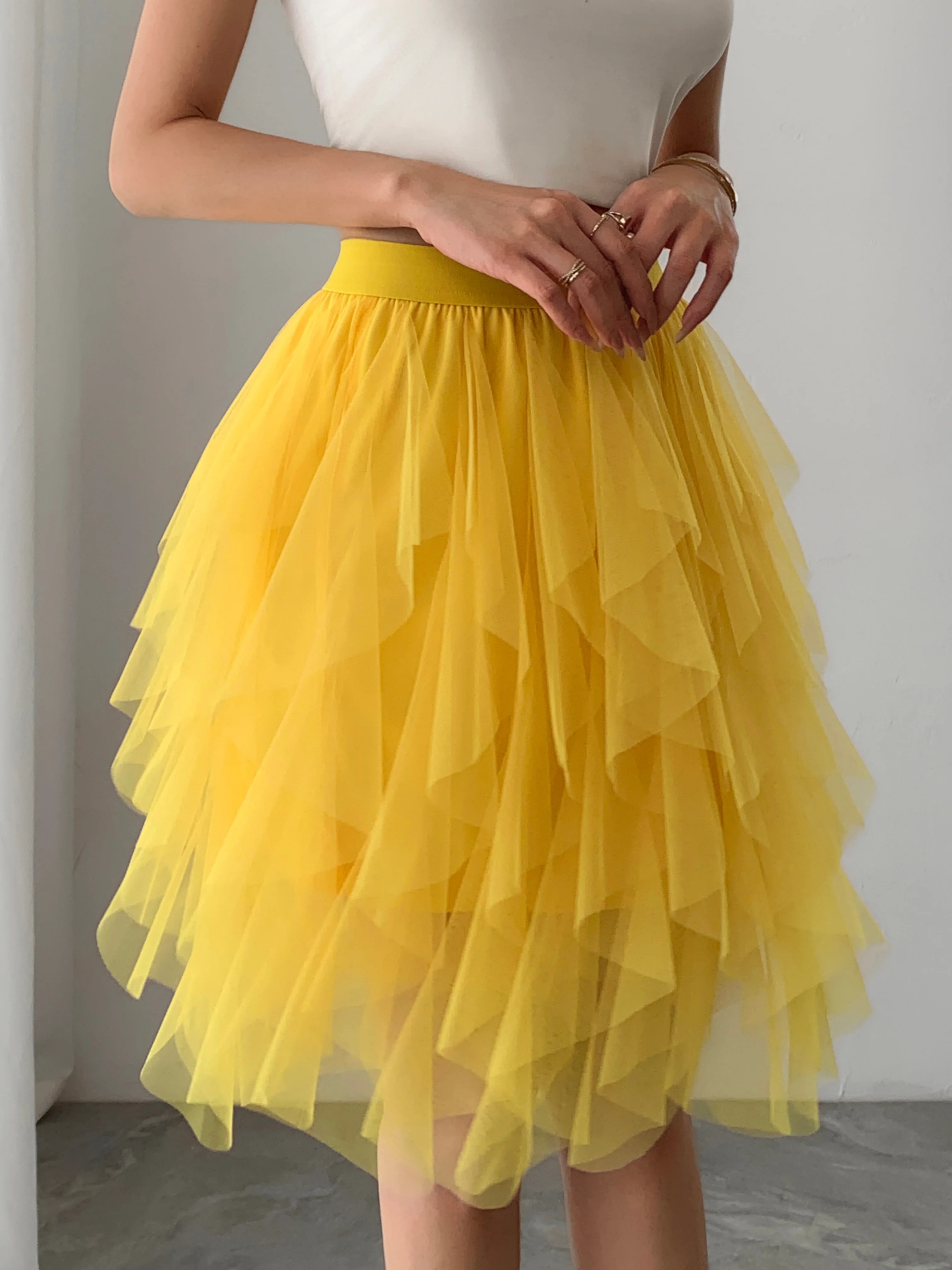 Summer style women's chiffon mid length skirt with irregular layered ruffle edge cake skirt, elegant and fairy like A-line skirt