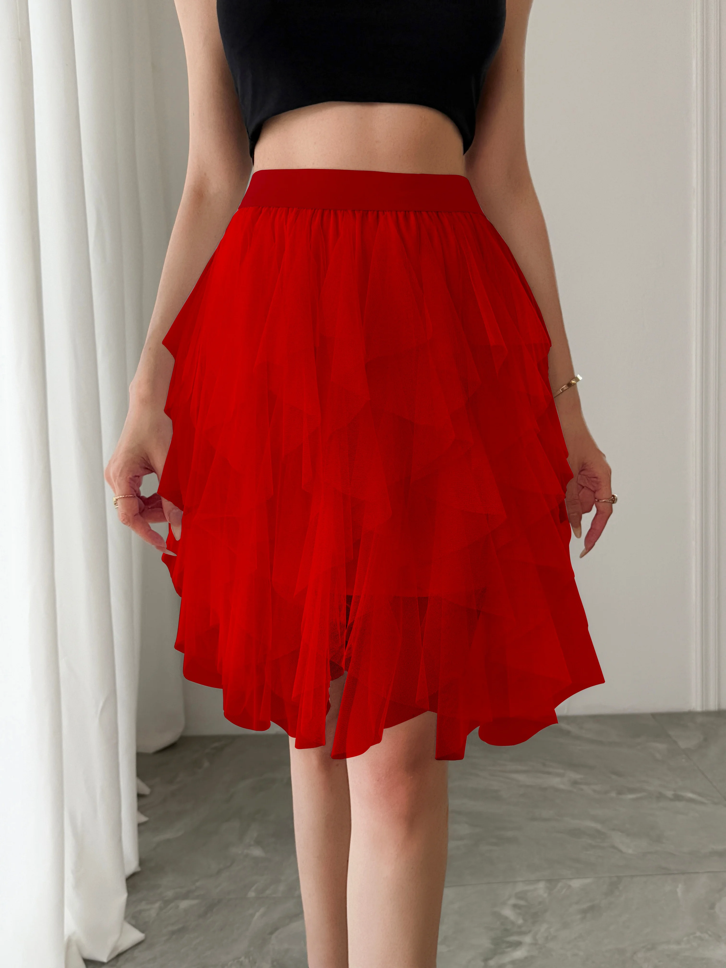 Summer style women's chiffon mid length skirt with irregular layered ruffle edge cake skirt, elegant and fairy like A-line skirt