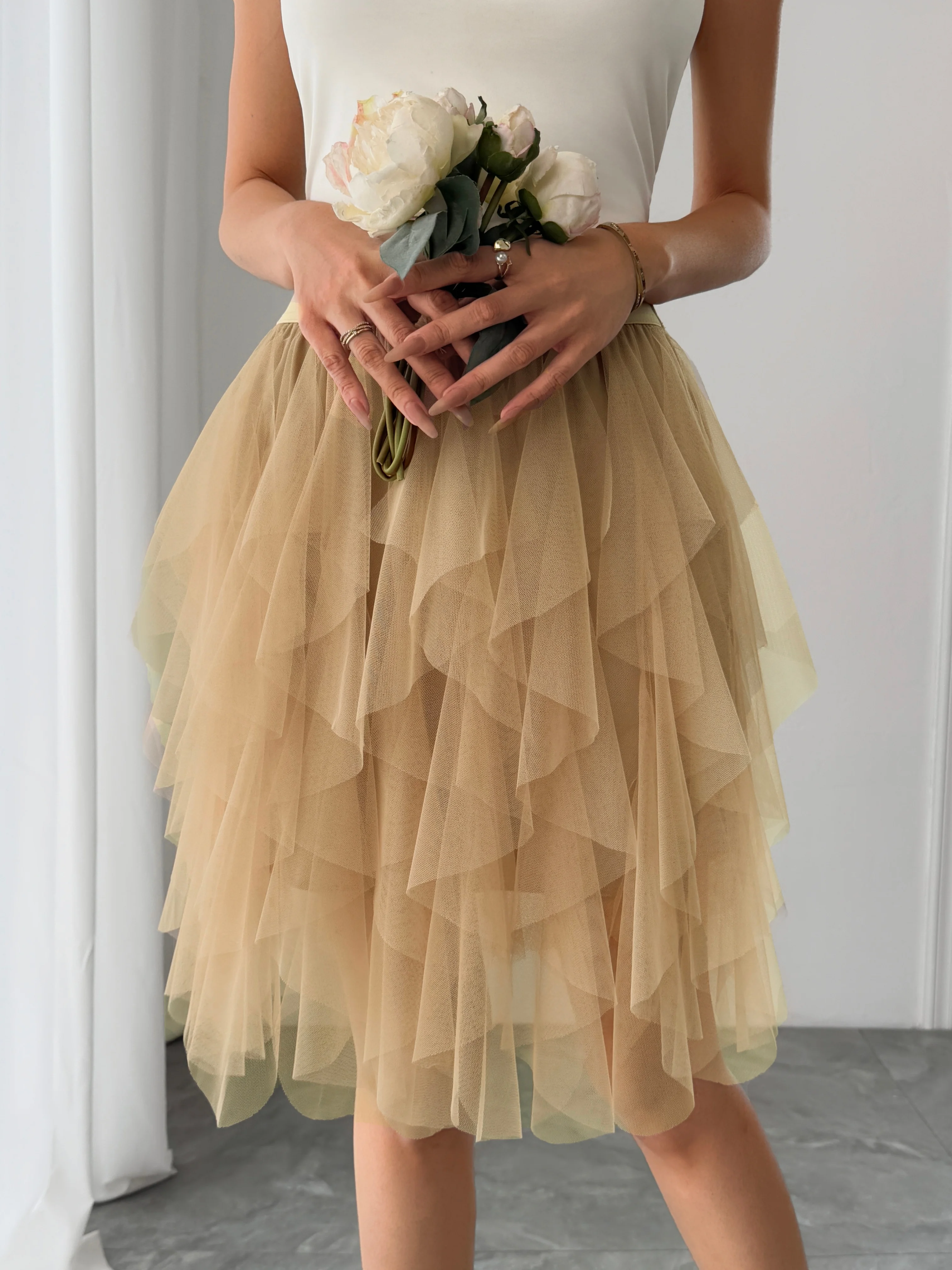 Summer style women's chiffon mid length skirt with irregular layered ruffle edge cake skirt, elegant and fairy like A-line skirt