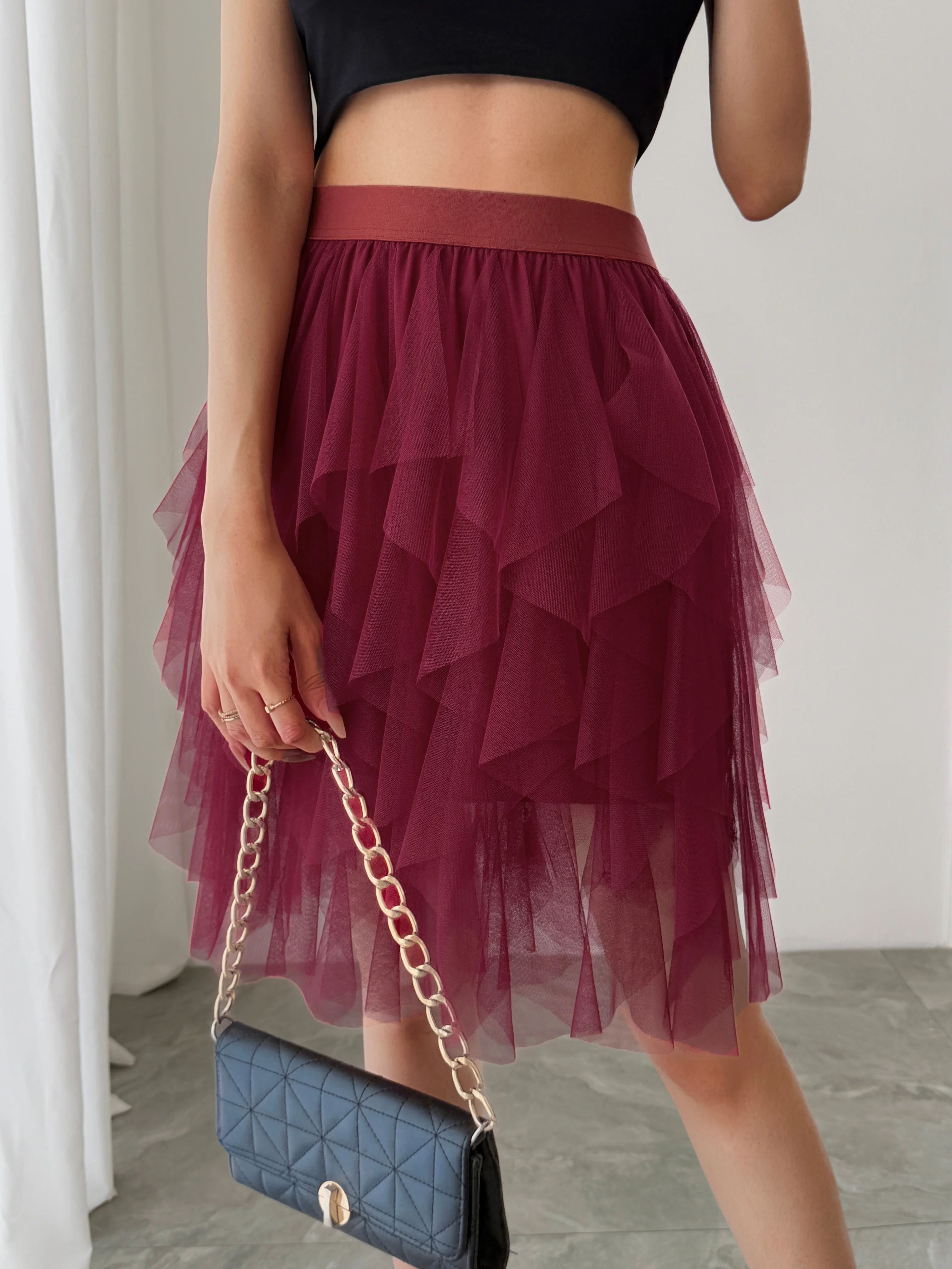 Summer style women's chiffon mid length skirt with irregular layered ruffle edge cake skirt, elegant and fairy like A-line skirt