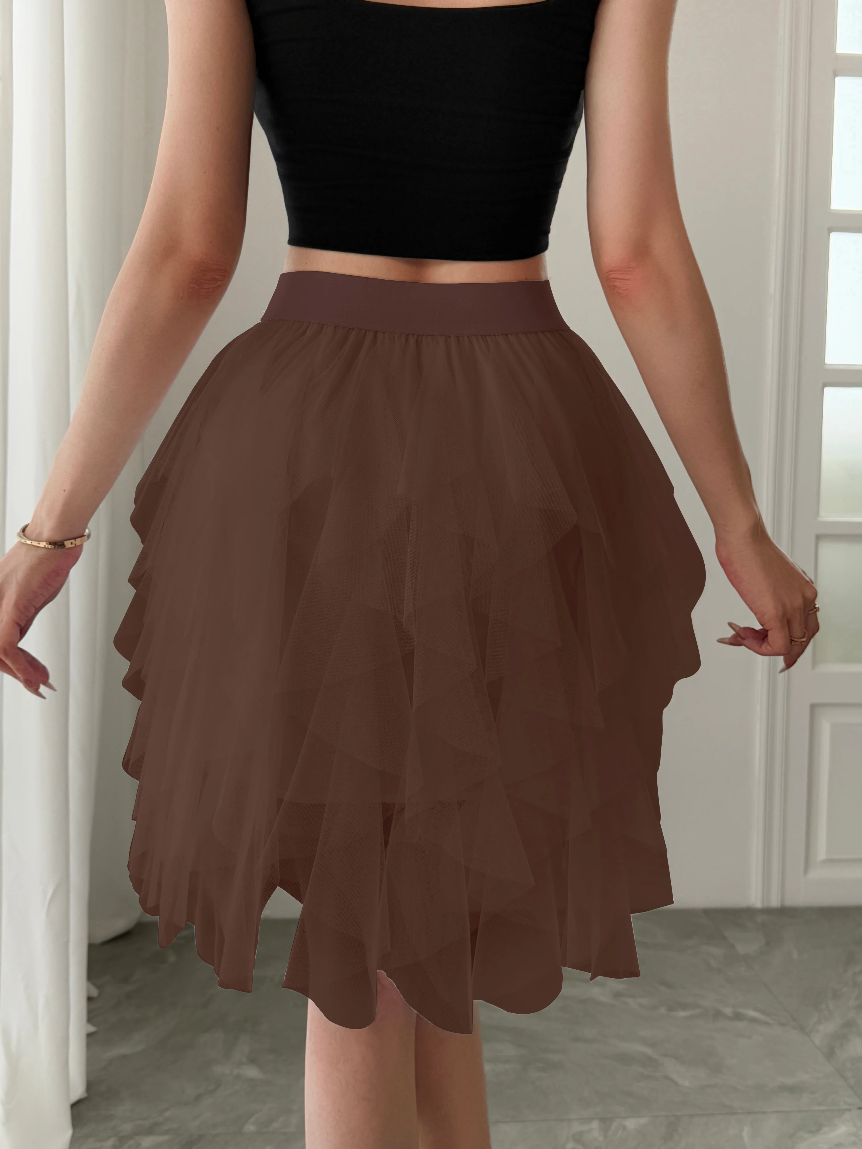 Summer style women's chiffon mid length skirt with irregular layered ruffle edge cake skirt, elegant and fairy like A-line skirt