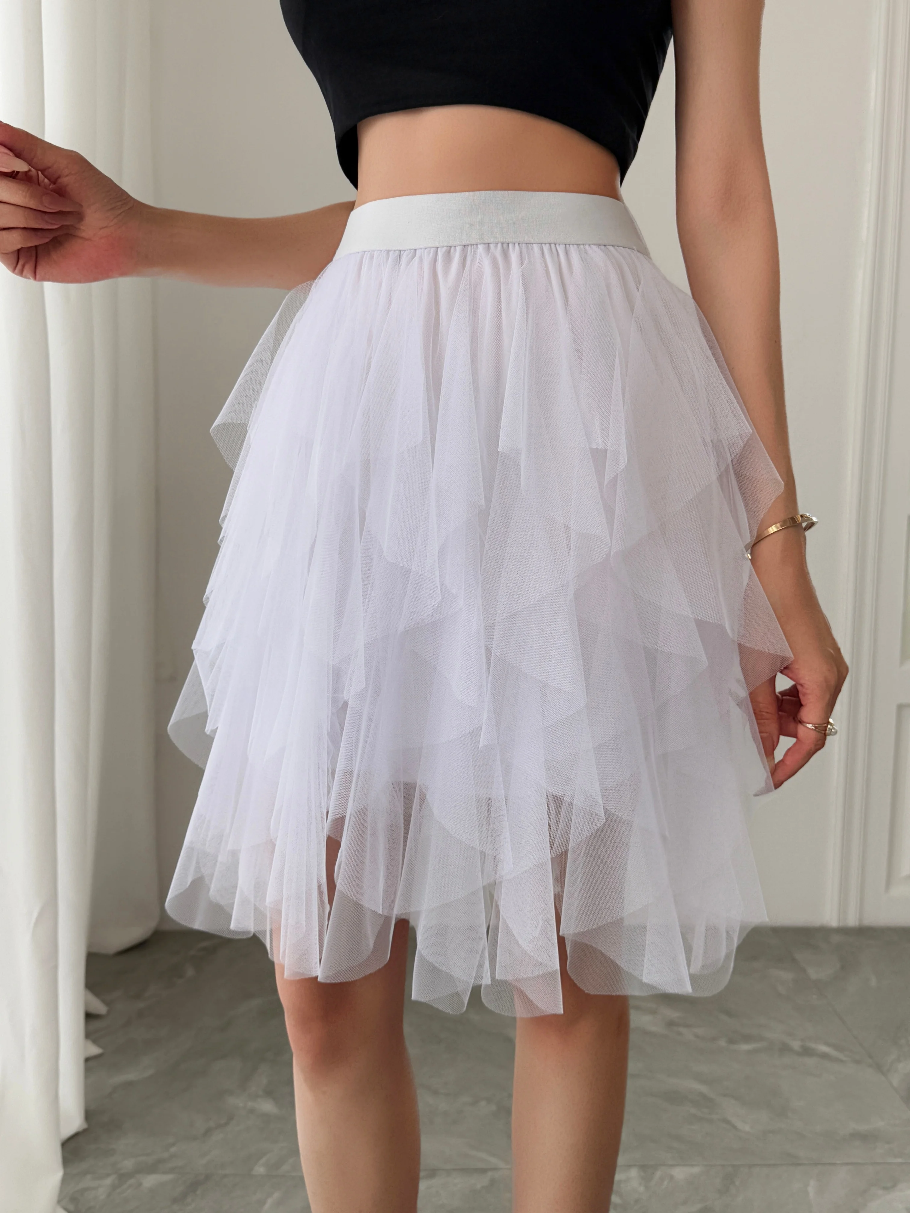Summer style women's chiffon mid length skirt with irregular layered ruffle edge cake skirt, elegant and fairy like A-line skirt
