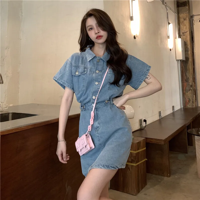 Women Vintage Denim Shirt Dress High Waist A-line Jean Mini Dress for Ladies Retro Y2K Streetwear Dresses for Women Party Outfit