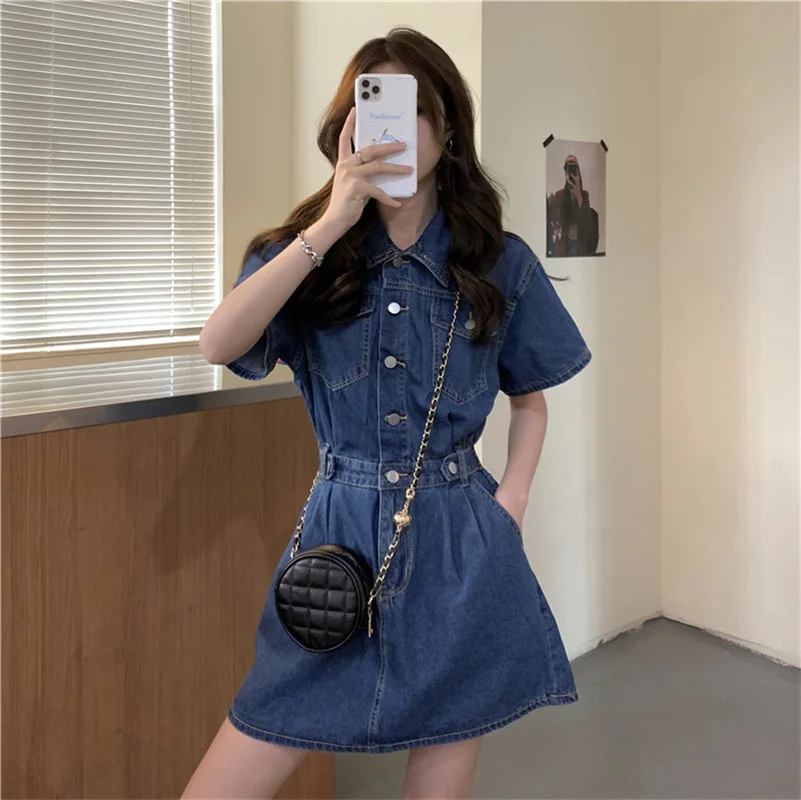 Women Vintage Denim Shirt Dress High Waist A-line Jean Mini Dress for Ladies Retro Y2K Streetwear Dresses for Women Party Outfit