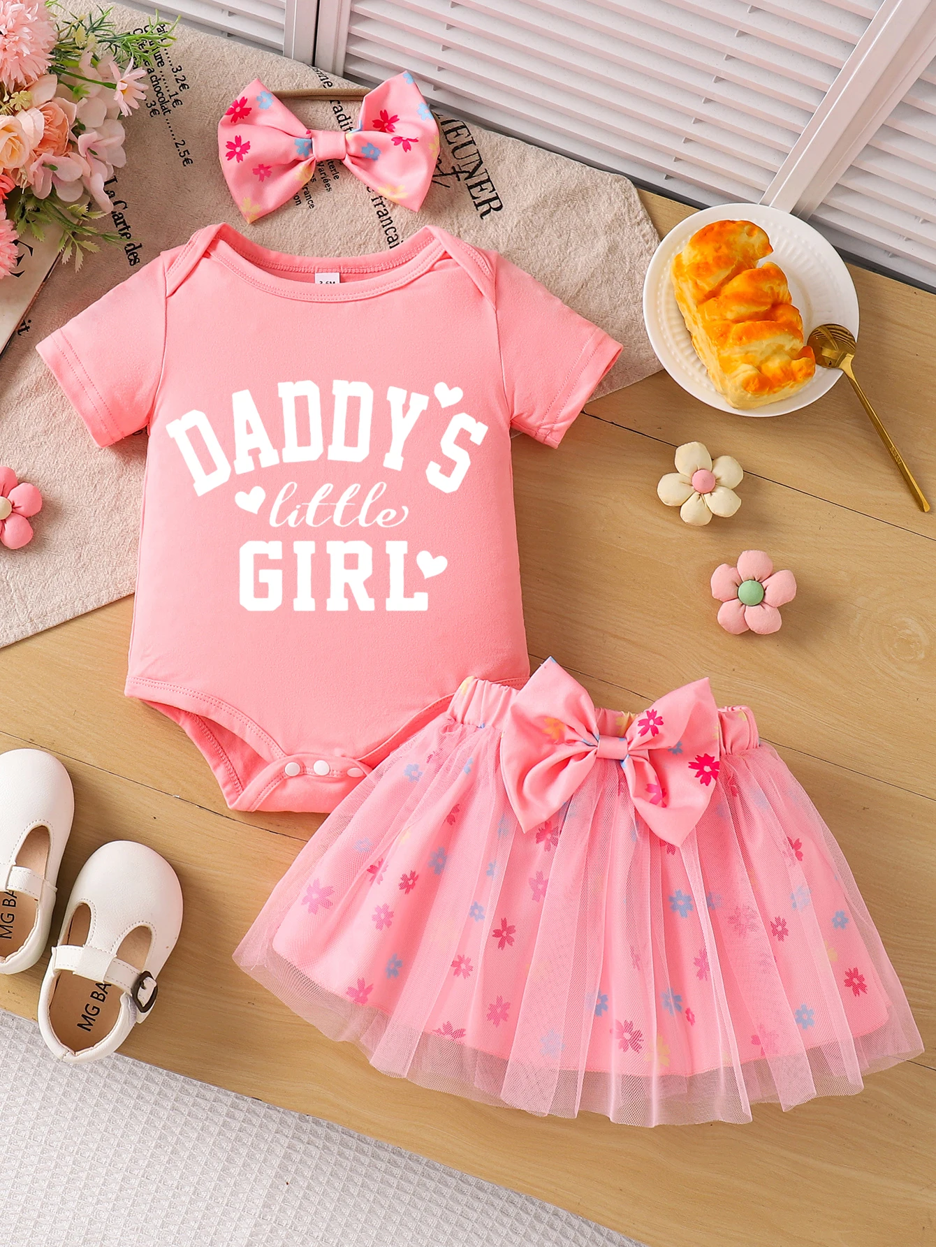 Children Eden 0-3yrs old Newborn Baby Daddy's Little Girl Short Sleeve Romper Floral Skirt Headband 3pcs Outfits Sets Casual Inf