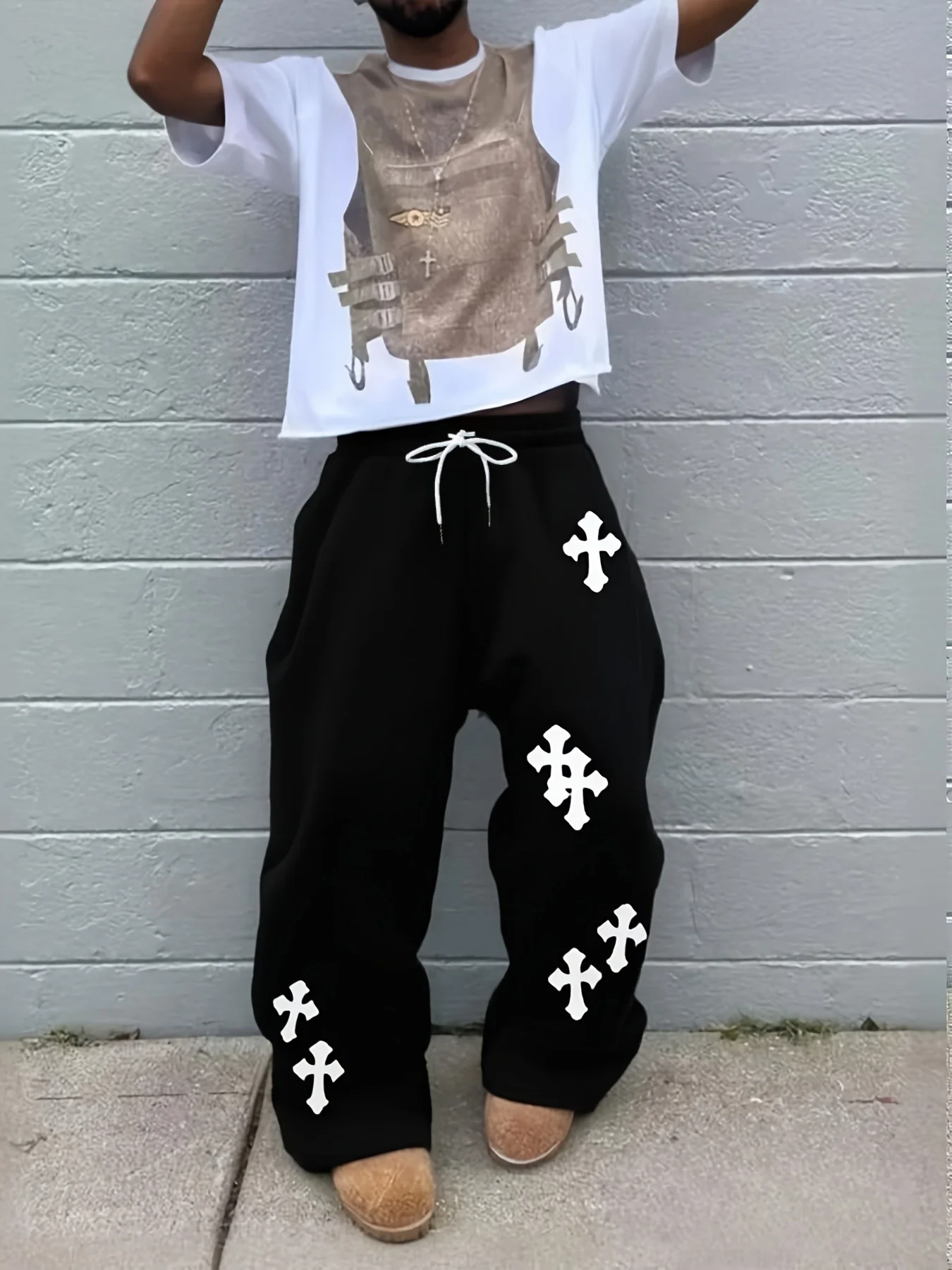 26 Trendy Men's Kids Wide Leg Pants Large Cross Print Street Hip-Hop Pants Loose Casual Jogging Pants Gothic Fashion