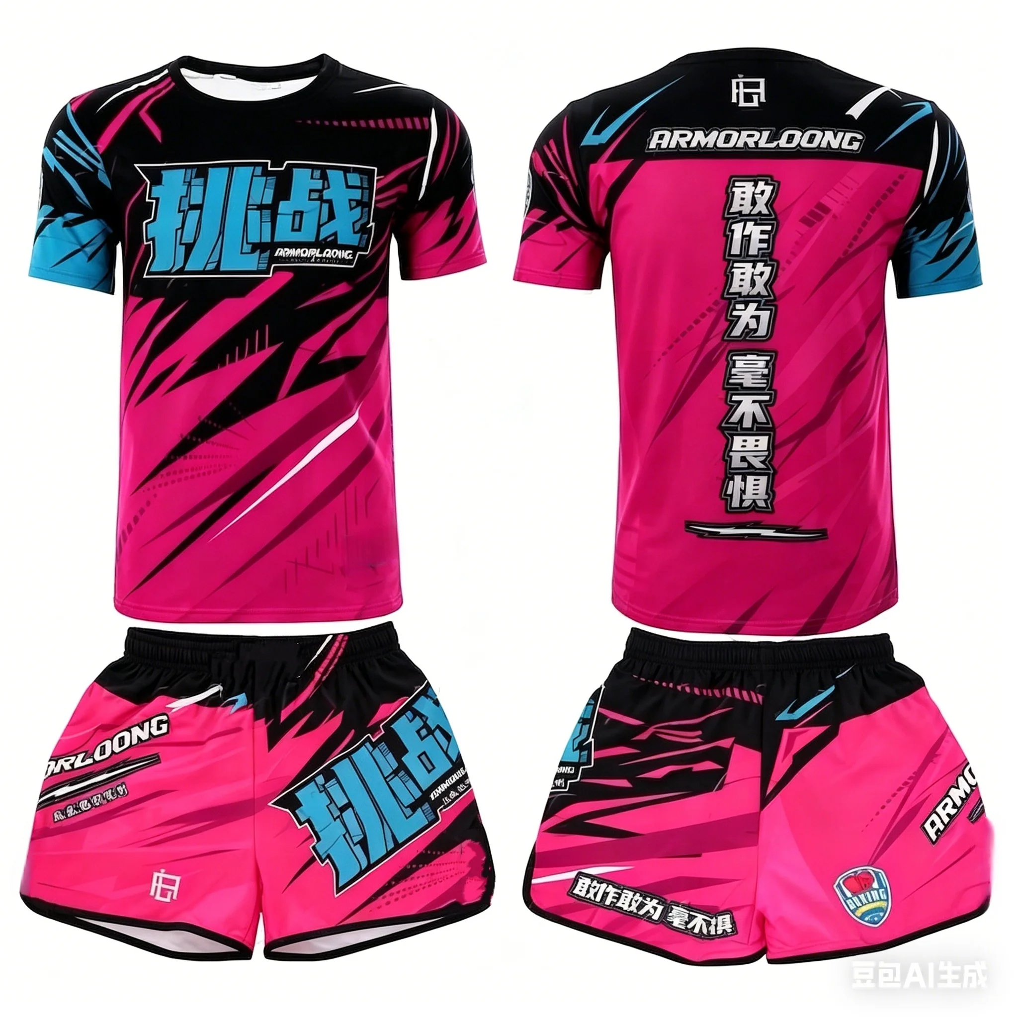 2026 Summer Men's MMA Training Suit Quick Dry Combat Sportswear Set Bold Pink & Black Graphic Shorts & T-Shirt Outfit for Kids