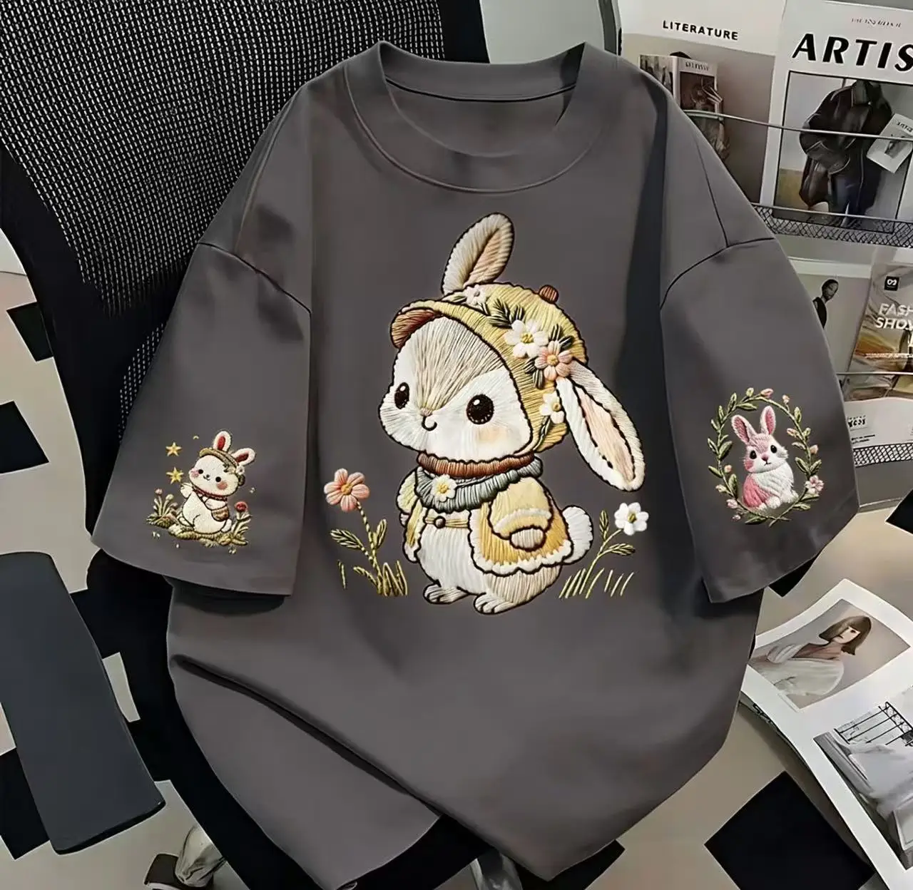 Women's Summer Short-Sleeved T-Shirt in Japanese Cute Style with Loose Fit and 100% Cotton Cartoon Rabbit Print