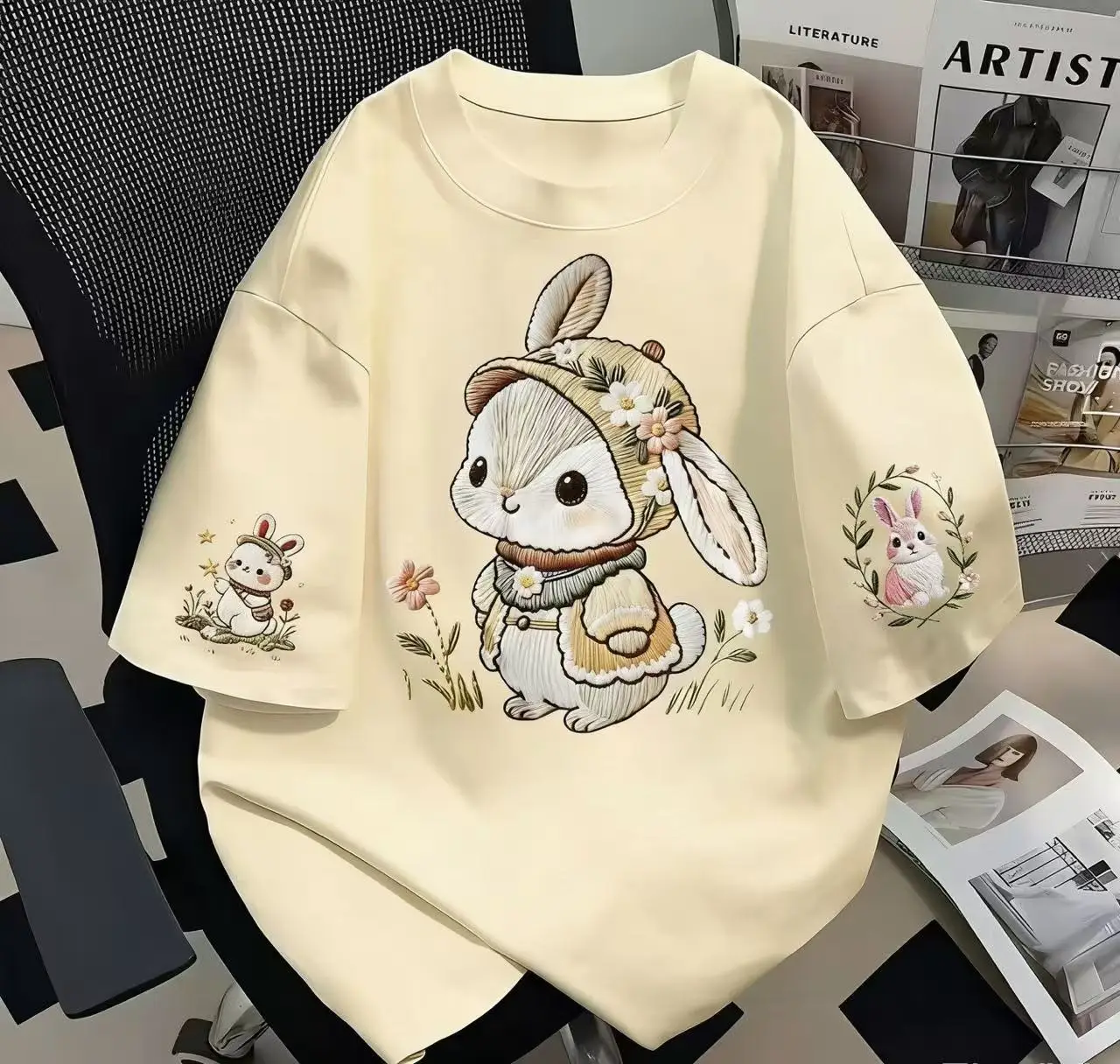 Women's Summer Short-Sleeved T-Shirt in Japanese Cute Style with Loose Fit and 100% Cotton Cartoon Rabbit Print