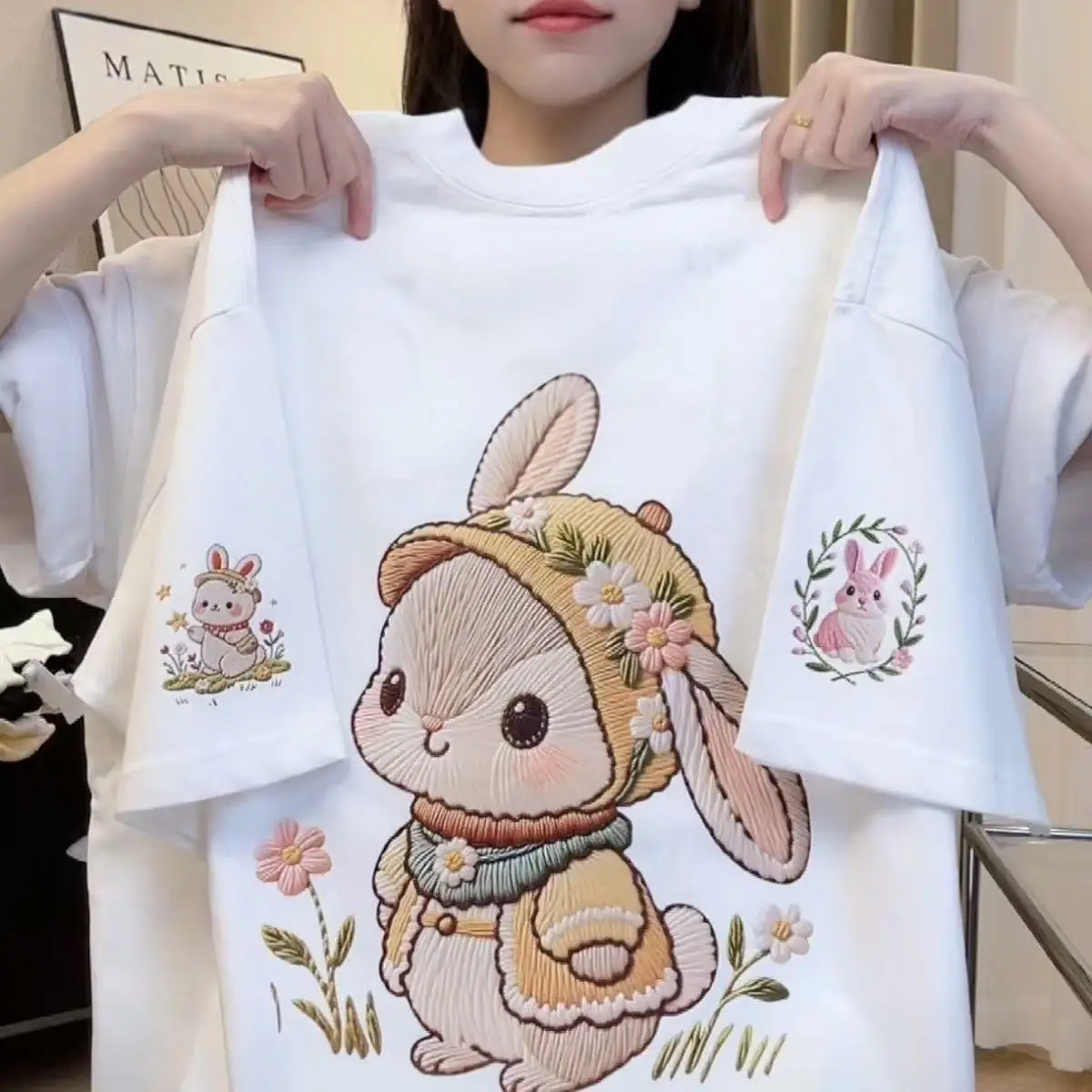 Women's Summer Short-Sleeved T-Shirt in Japanese Cute Style with Loose Fit and 100% Cotton Cartoon Rabbit Print