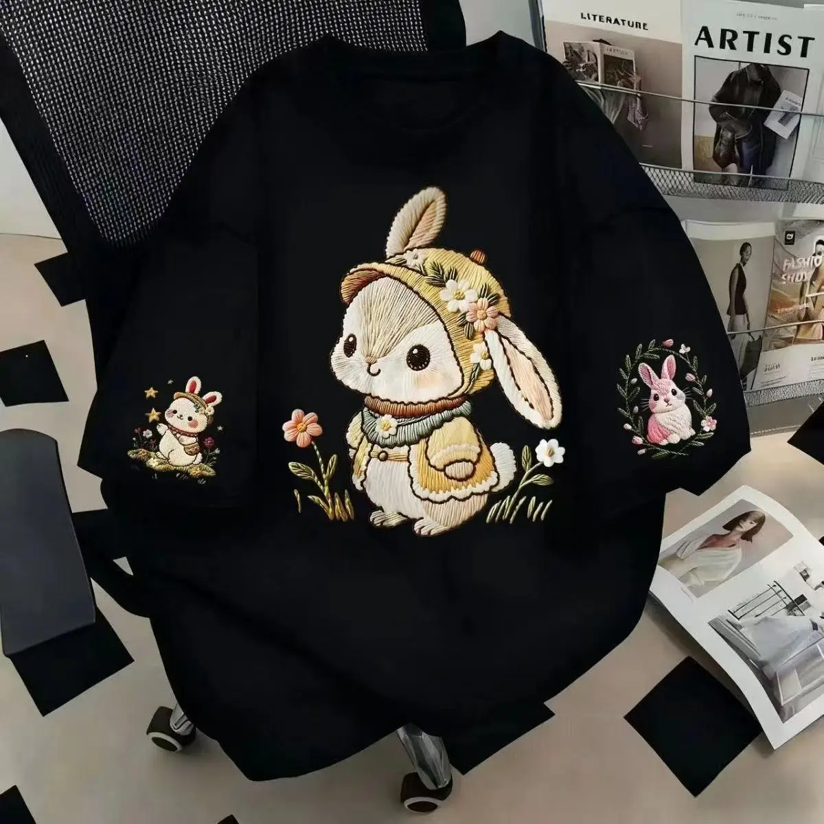 Women's Summer Short-Sleeved T-Shirt in Japanese Cute Style with Loose Fit and 100% Cotton Cartoon Rabbit Print