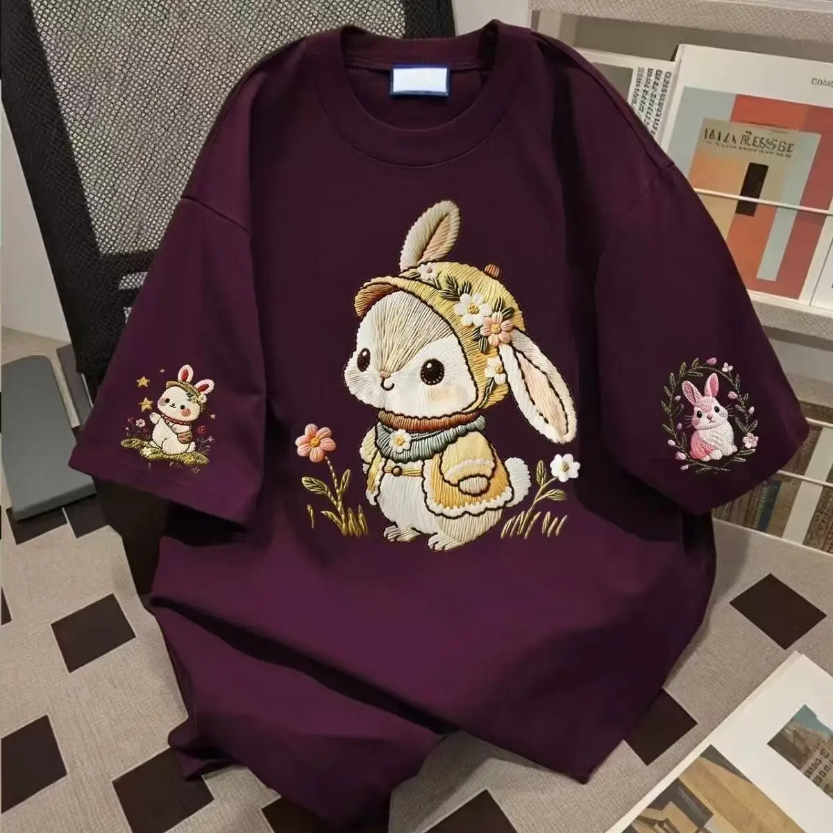 Women's Summer Short-Sleeved T-Shirt in Japanese Cute Style with Loose Fit and 100% Cotton Cartoon Rabbit Print