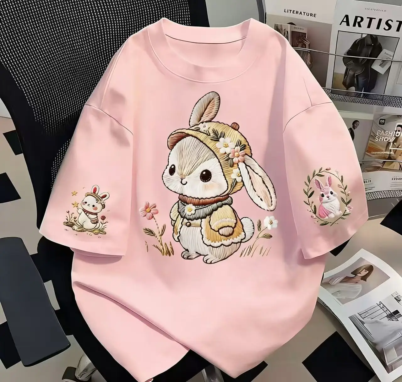 Women's Summer Short-Sleeved T-Shirt in Japanese Cute Style with Loose Fit and 100% Cotton Cartoon Rabbit Print