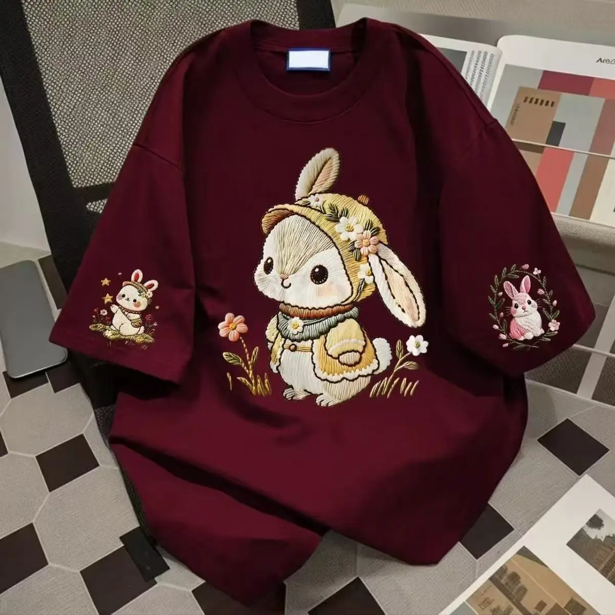 Women's Summer Short-Sleeved T-Shirt in Japanese Cute Style with Loose Fit and 100% Cotton Cartoon Rabbit Print