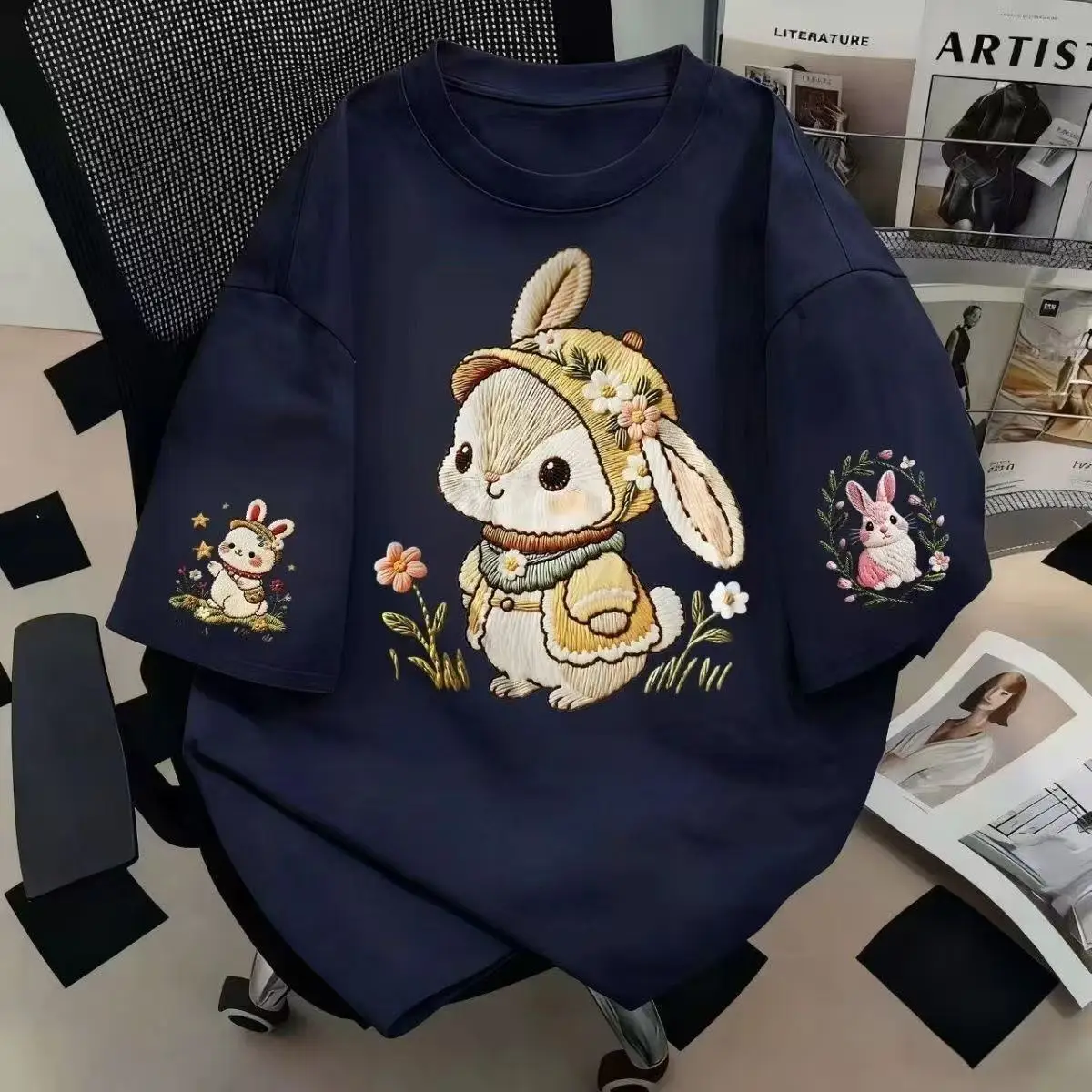 Women's Summer Short-Sleeved T-Shirt in Japanese Cute Style with Loose Fit and 100% Cotton Cartoon Rabbit Print