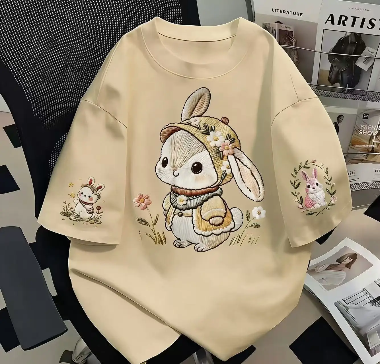 Women's Summer Short-Sleeved T-Shirt in Japanese Cute Style with Loose Fit and 100% Cotton Cartoon Rabbit Print