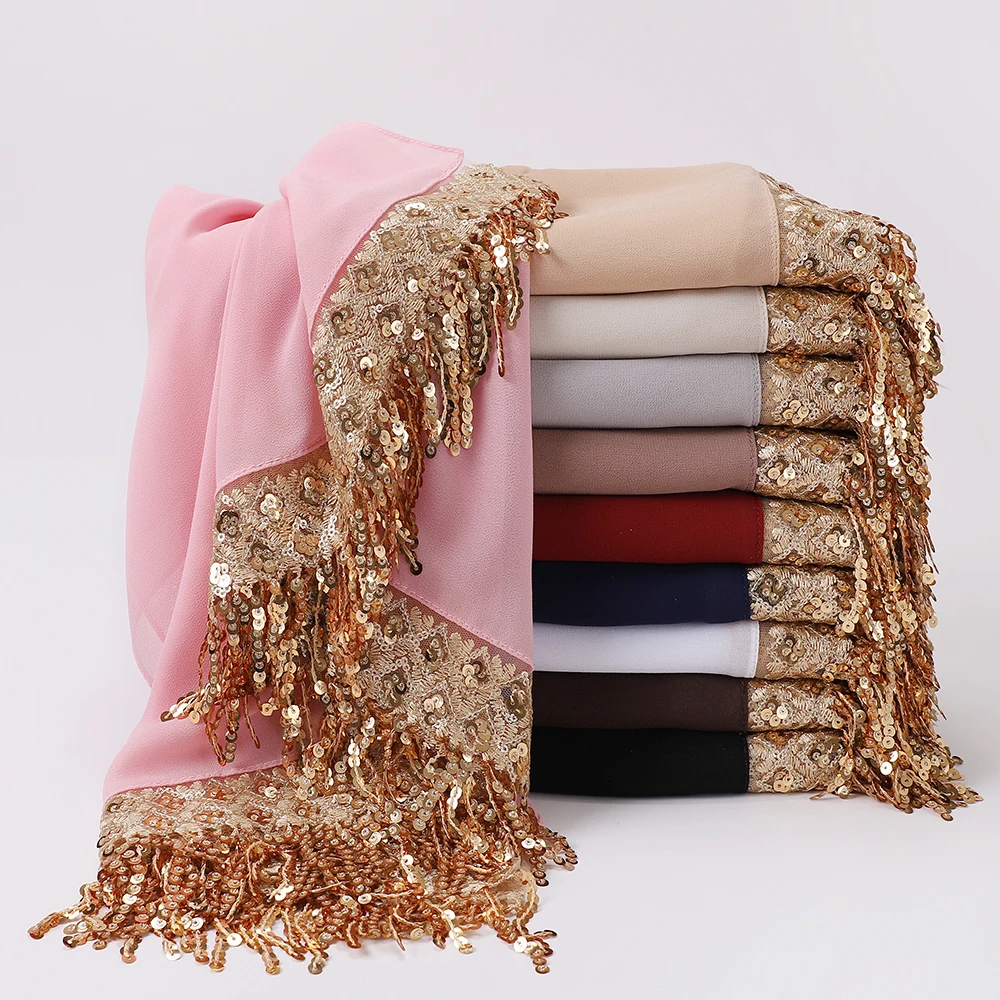 Luxury Sequin Tassels Hijab Chiffon Shawls Muslim Women Headscarf Plain Long Scarf Ladies Head Wrap Wedding Ramadan Eid