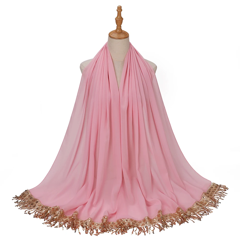 Luxury Sequin Tassels Hijab Chiffon Shawls Muslim Women Headscarf Plain Long Scarf Ladies Head Wrap Wedding Ramadan Eid