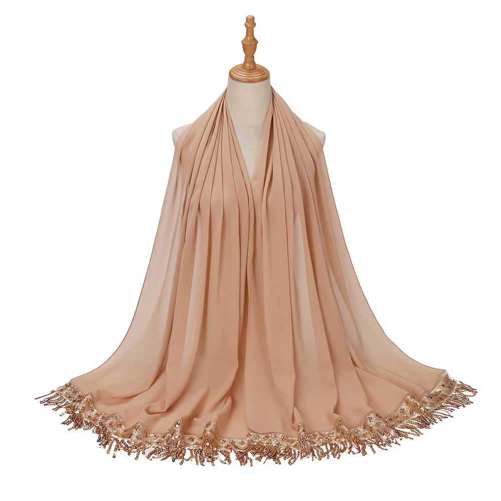 Luxury Sequin Tassels Hijab Chiffon Shawls Muslim Women Headscarf Plain Long Scarf Ladies Head Wrap Wedding Ramadan Eid