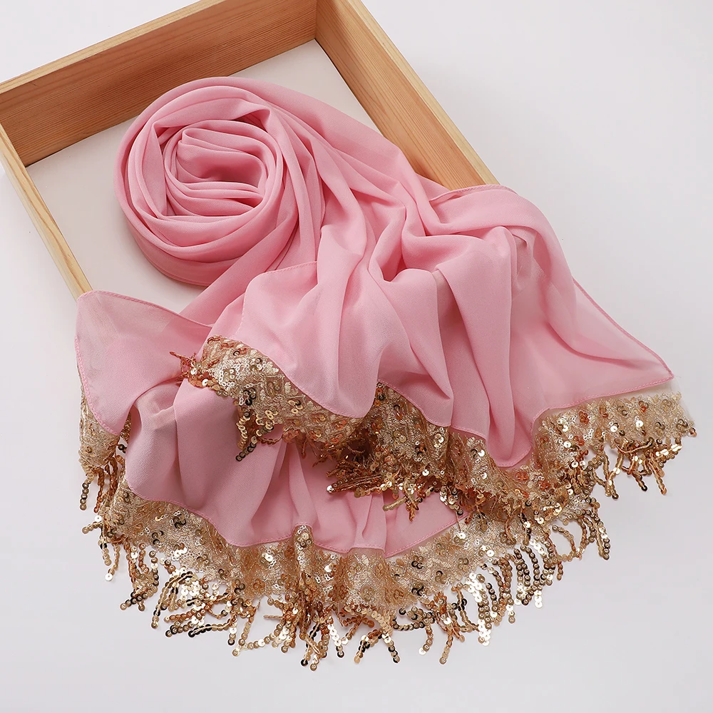 Luxury Sequin Tassels Hijab Chiffon Shawls Muslim Women Headscarf Plain Long Scarf Ladies Head Wrap Wedding Ramadan Eid