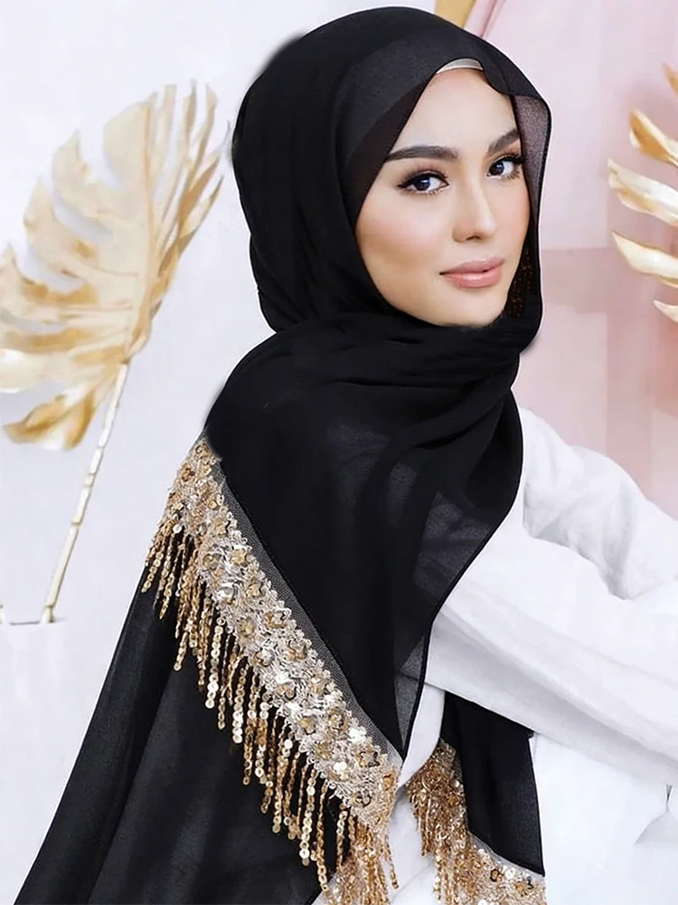 Luxury Sequin Tassels Hijab Chiffon Shawls Muslim Women Headscarf Plain Long Scarf Ladies Head Wrap Wedding Ramadan Eid
