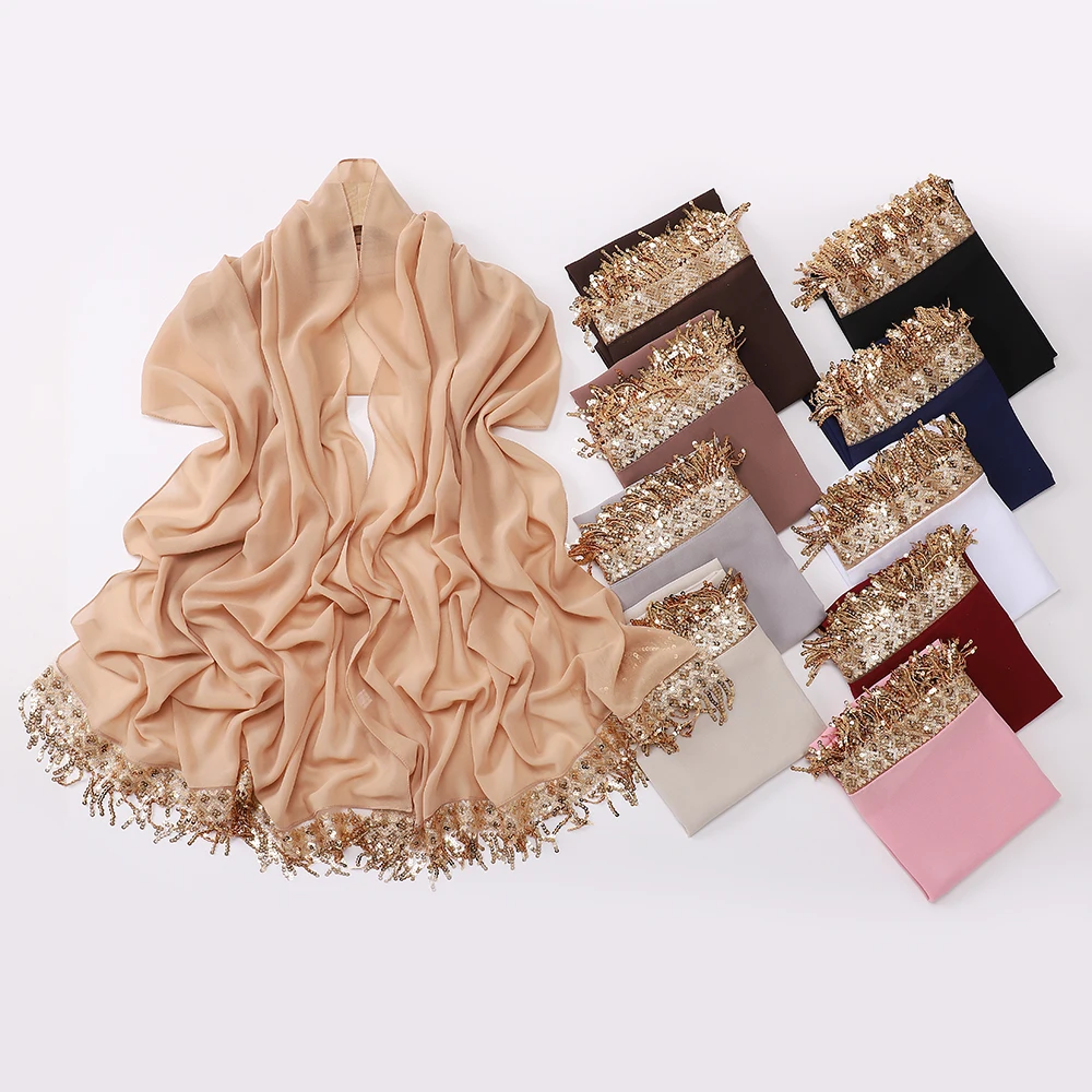 Luxury Sequin Tassels Hijab Chiffon Shawls Muslim Women Headscarf Plain Long Scarf Ladies Head Wrap Wedding Ramadan Eid