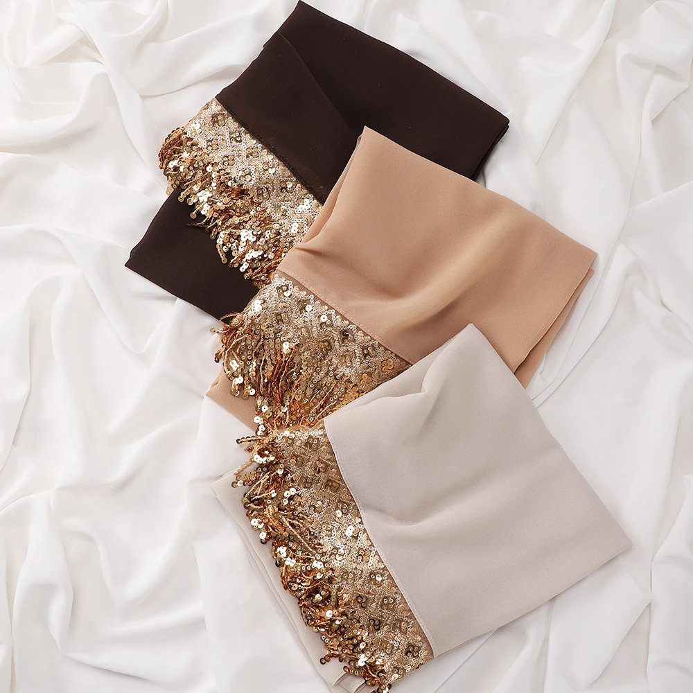 Luxury Sequin Tassels Hijab Chiffon Shawls Muslim Women Headscarf Plain Long Scarf Ladies Head Wrap Wedding Ramadan Eid