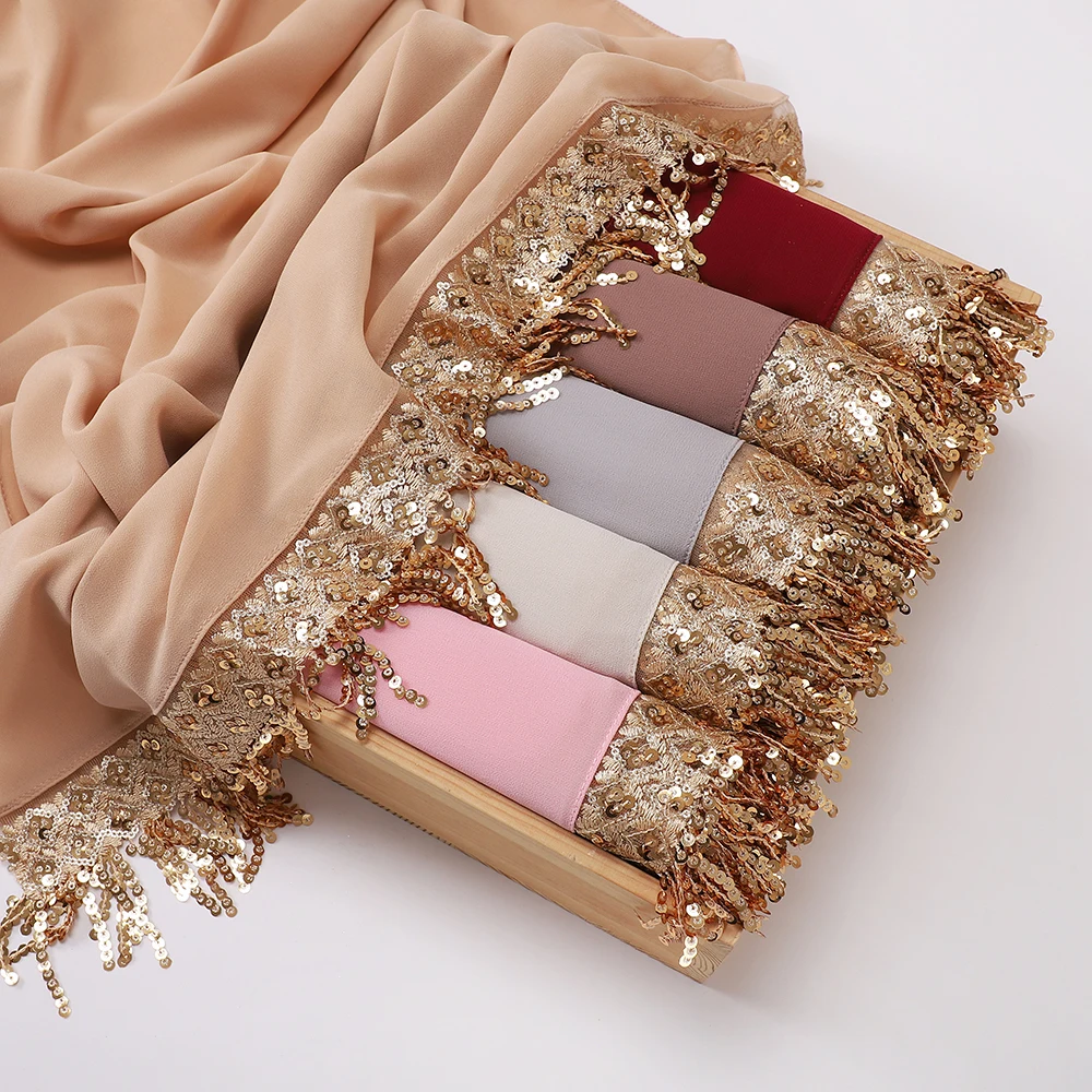 Luxury Sequin Tassels Hijab Chiffon Shawls Muslim Women Headscarf Plain Long Scarf Ladies Head Wrap Wedding Ramadan Eid