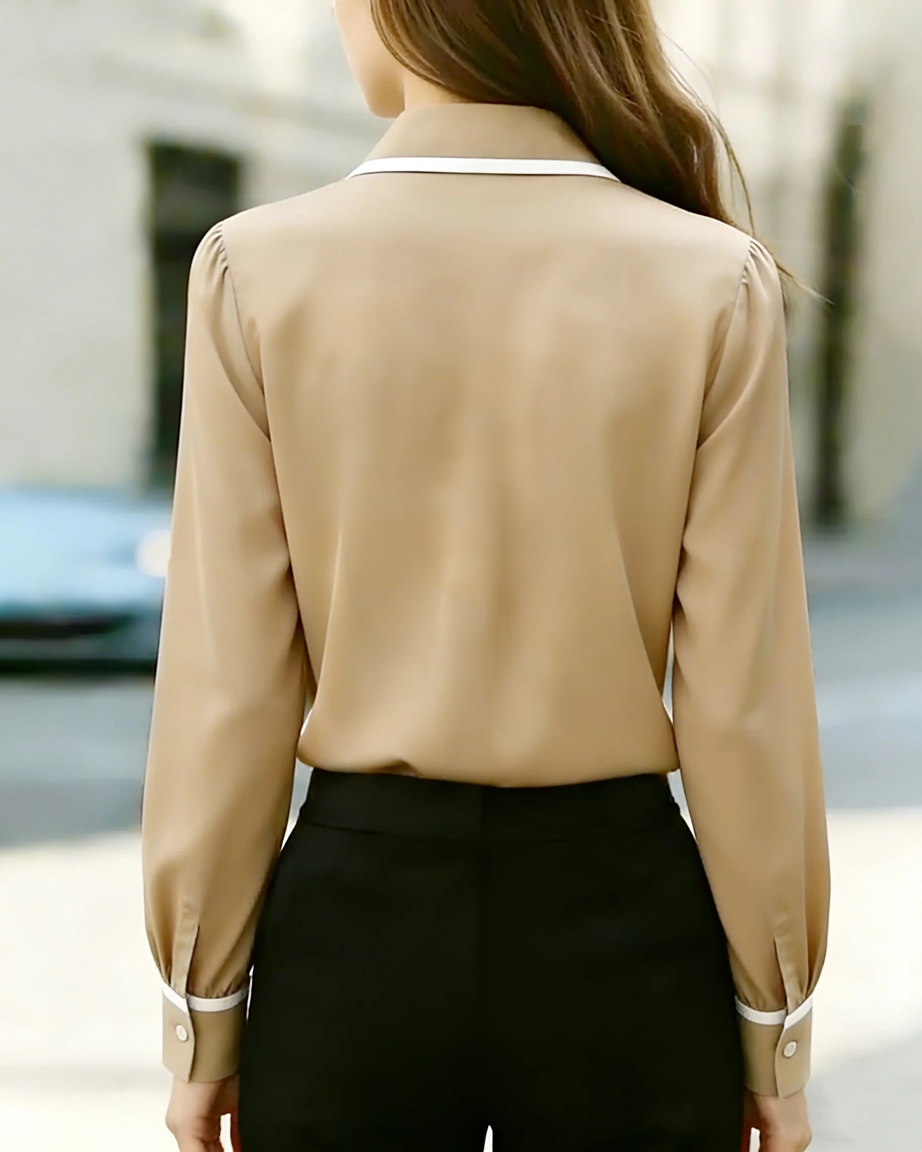 Women Long Sleeve Button Down Blouse Contrast Trim Collar Office Wear Shirt